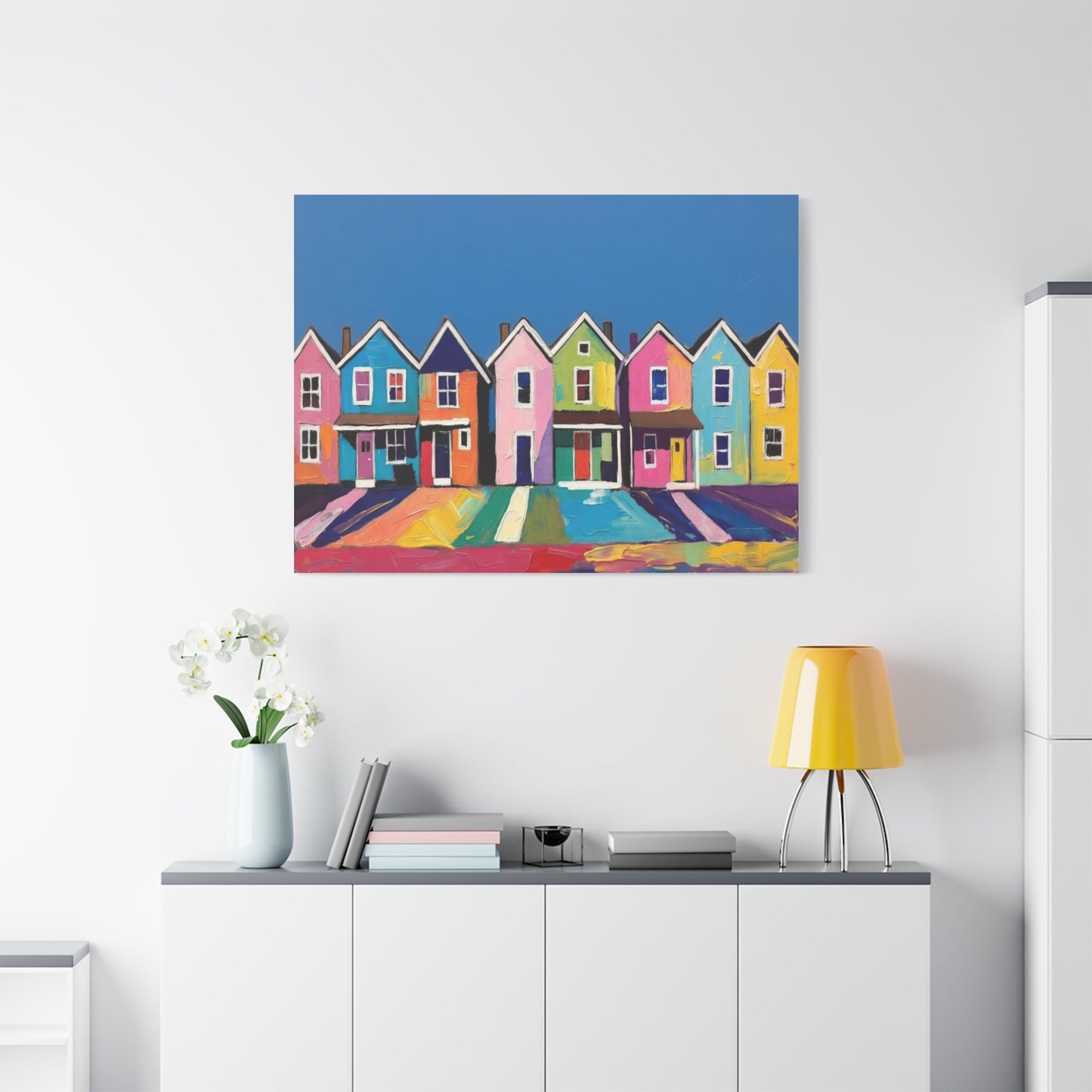 Colorful Row Houses Matte Canvas Print Vibrant Coastal Neighborhood Wall Art
