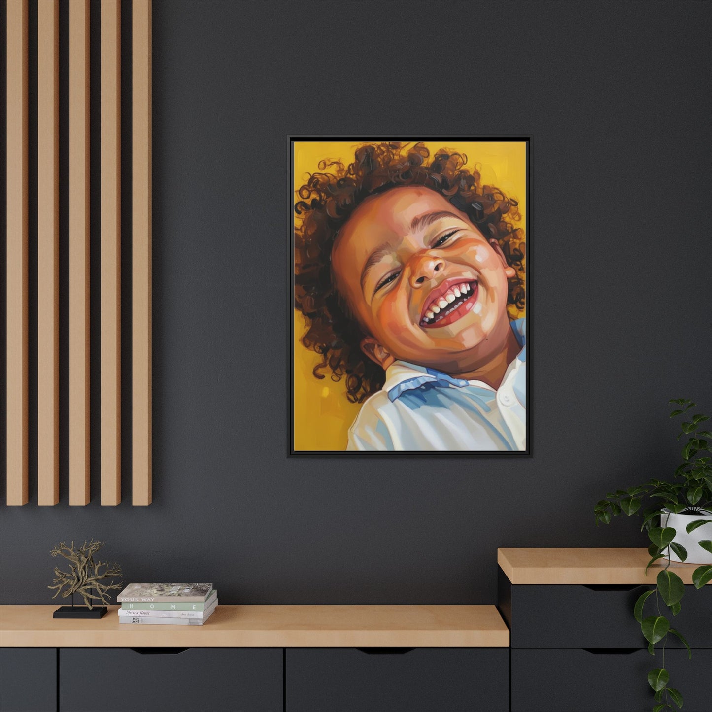 Framed Matte Canvas Print – Joyful Child Portrait, Colorful Nursery Wall Art