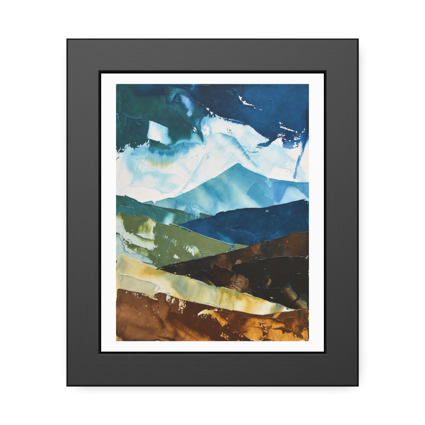 Framed Abstract Mountain Art Print – Blue & Earthtone Layered Landscape Poster