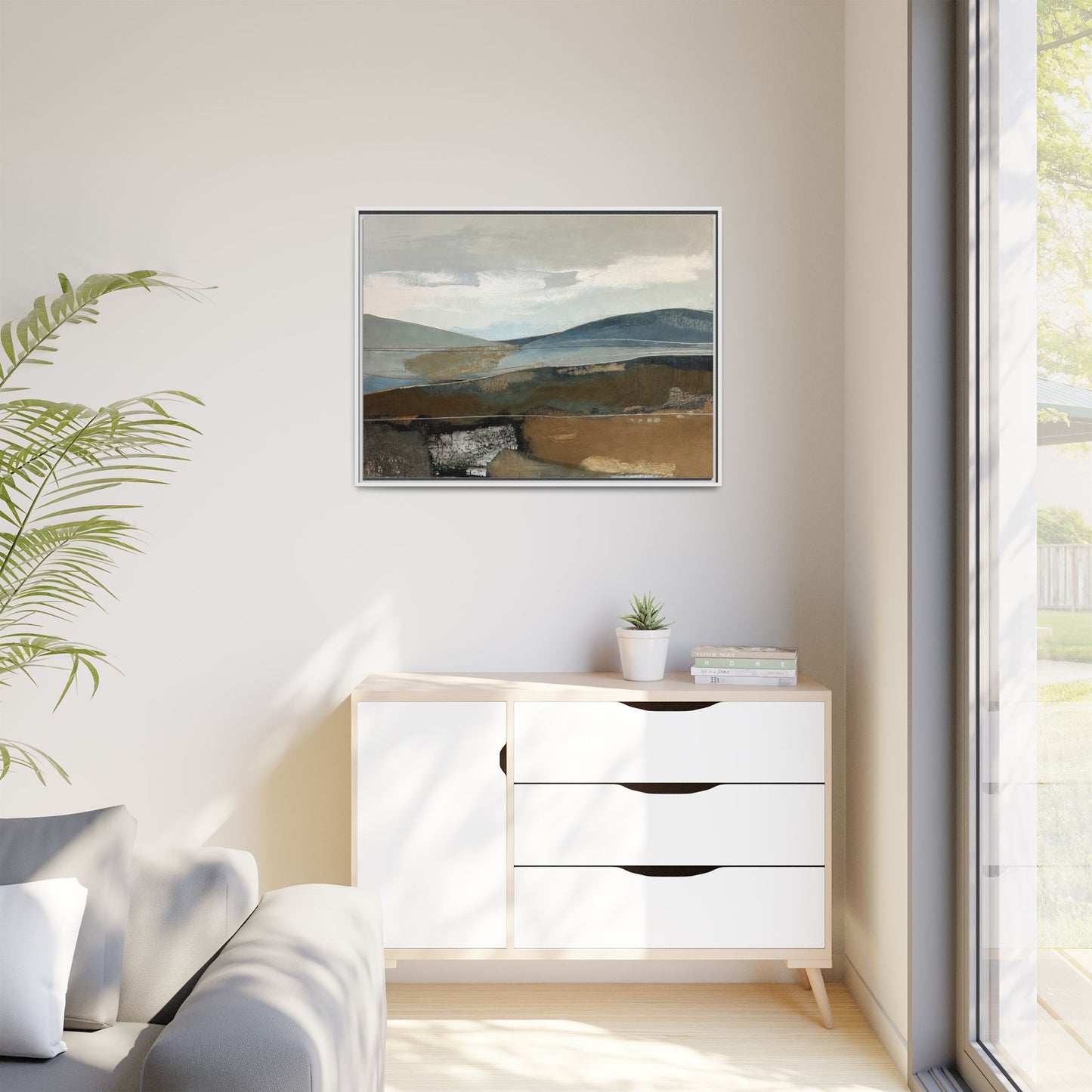 Framed Matte Canvas Landscape Art - Serene Abstract Hills in Blue & Earth Tones