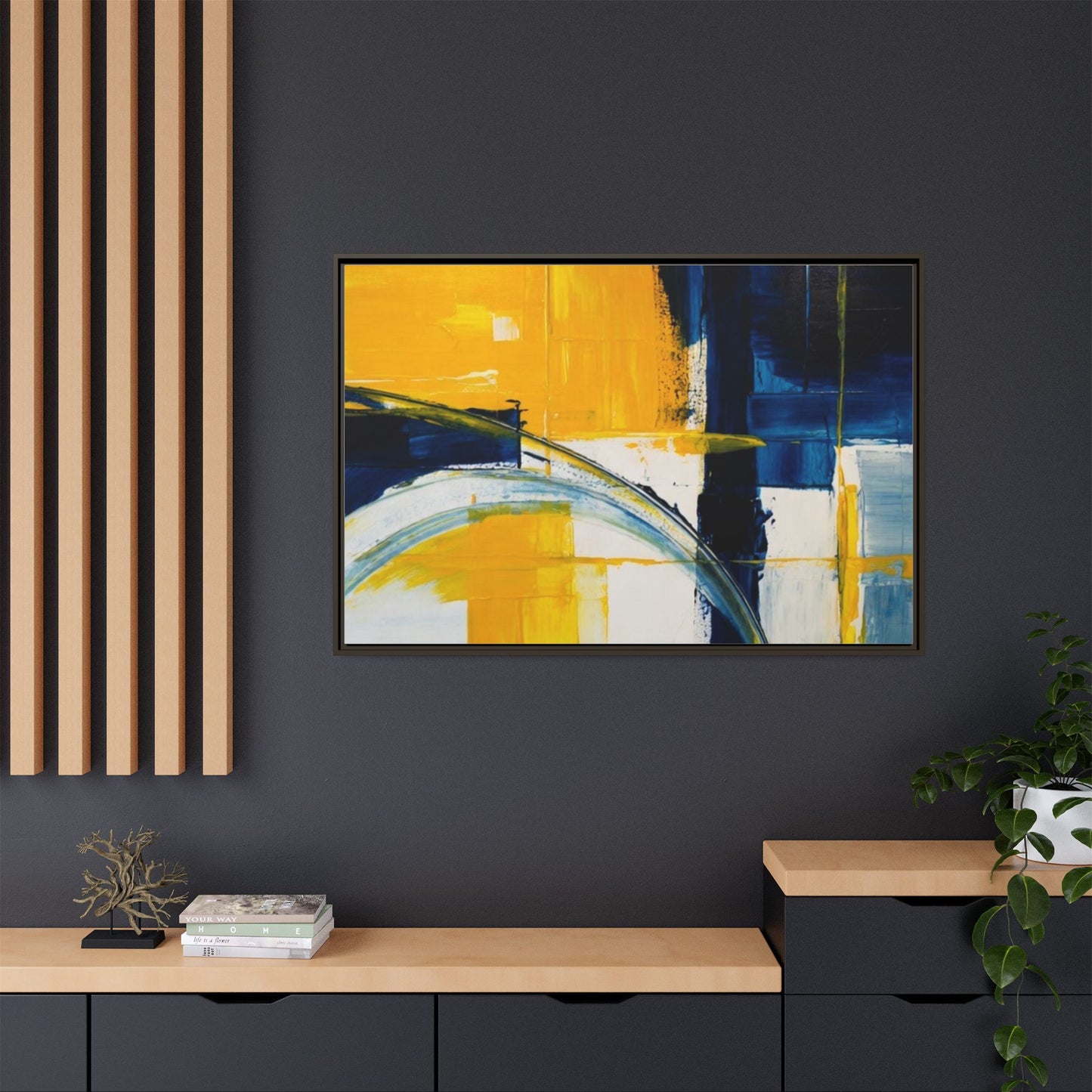 Abstract Yellow & Blue Framed Canvas Wall Art — Modern Matte Canvas Print