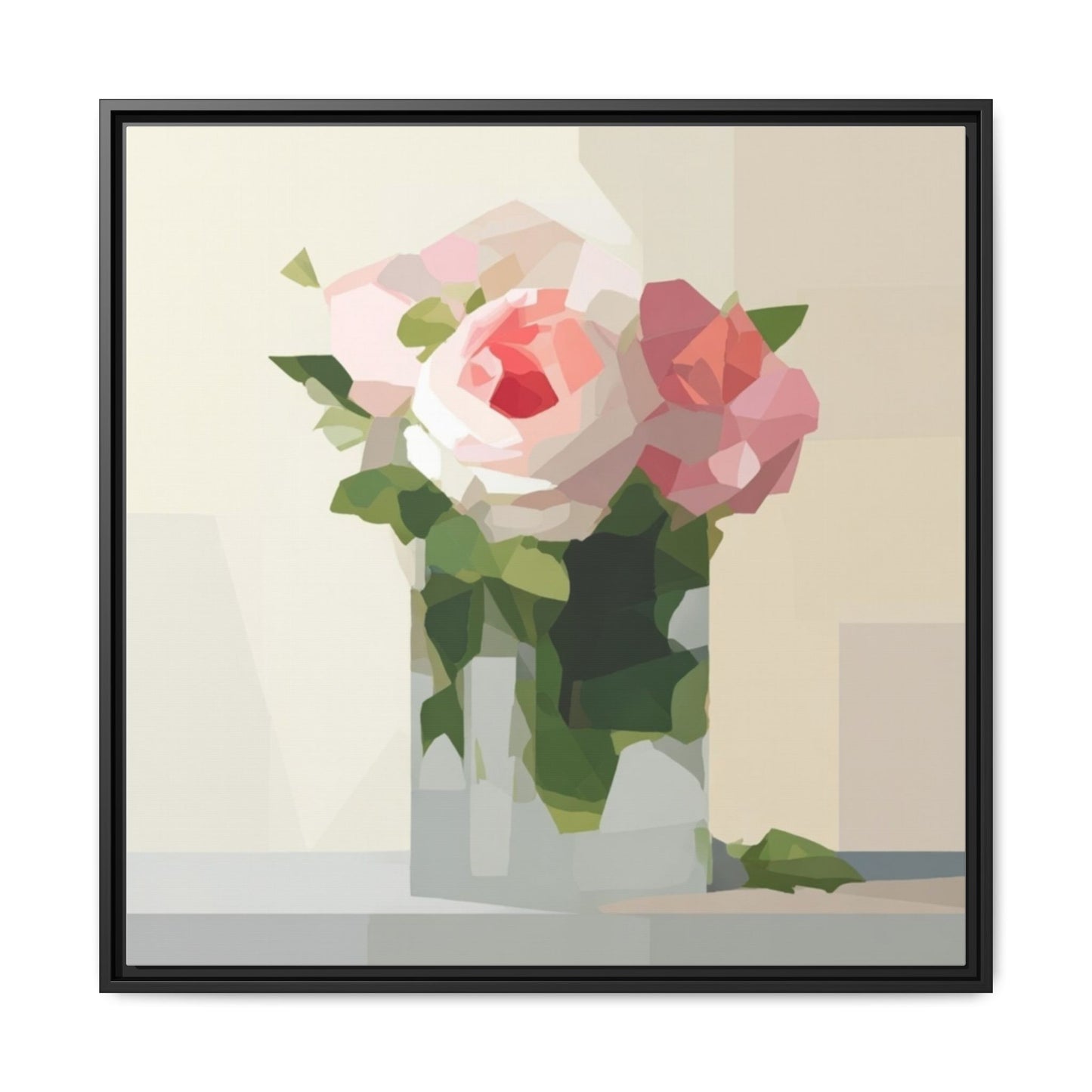 Framed Floral Canvas Print — Geometric Pink Rose Wall Art