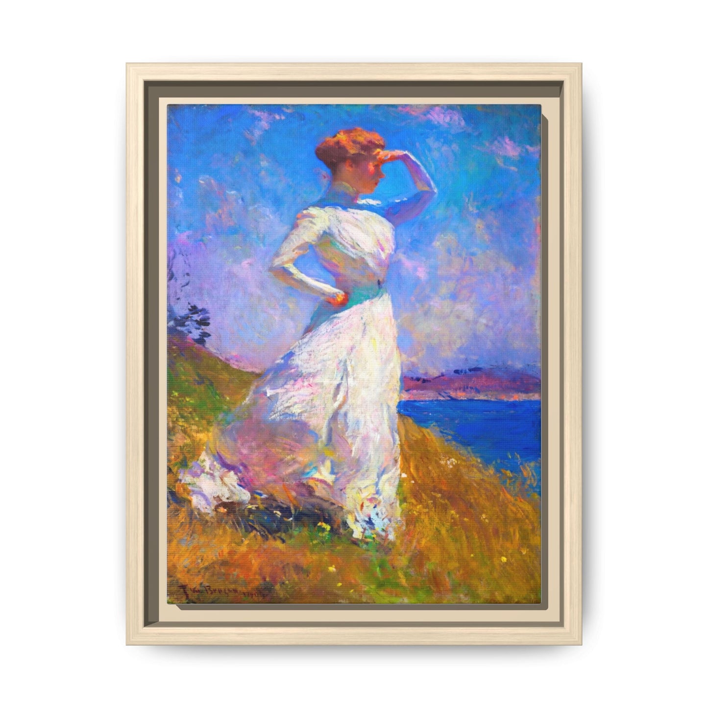 Framed Matte Canvas Art - Woman in White Seaside Impressionist Print