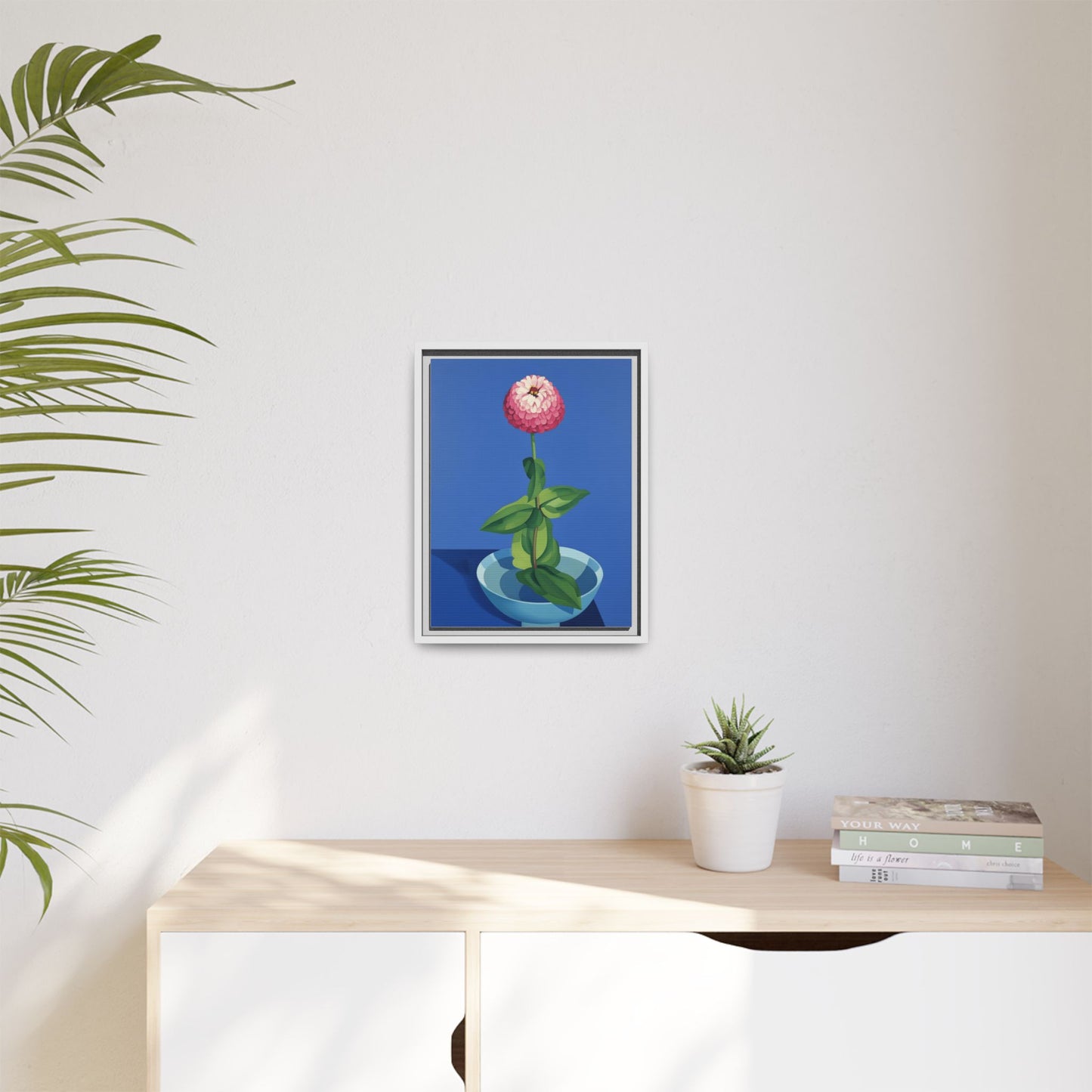 Framed Matte Canvas Art — Pink Zinnia in Blue Bowl (Botanical Still Life)