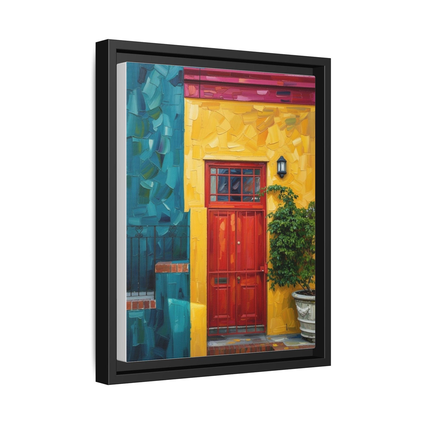 Framed Matte Canvas Wall Art — Colorful Red Door on Yellow Facade