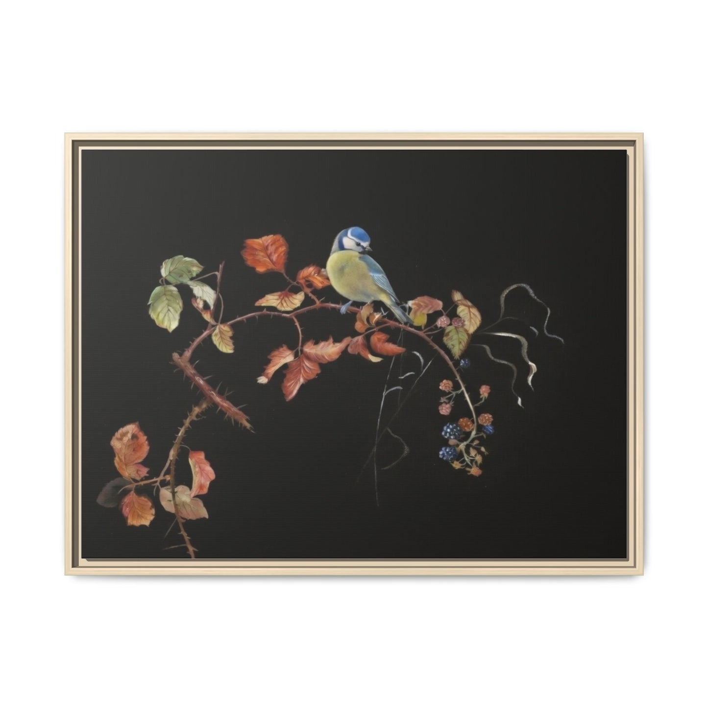 Framed Matte Canvas - Blue Tit on Autumn Branch Wall Art