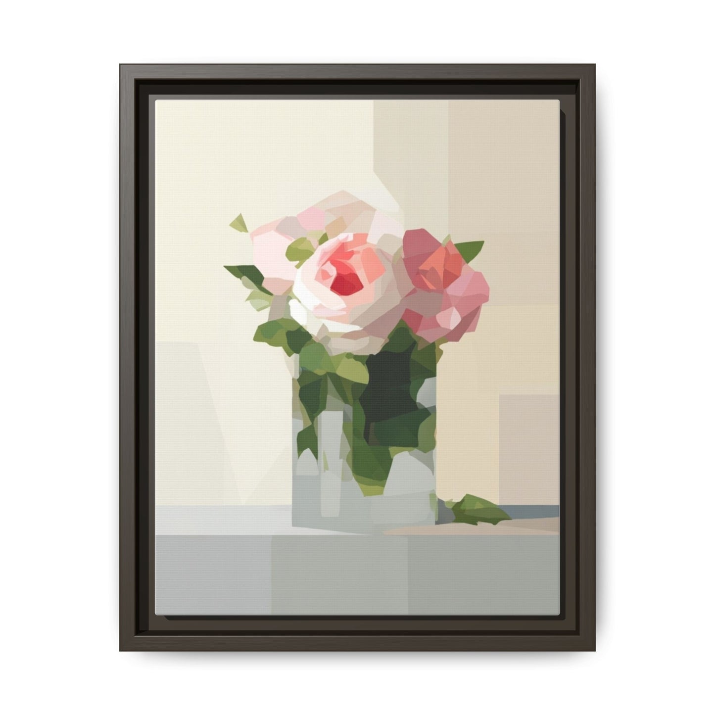 Framed Floral Canvas Print — Geometric Pink Rose Wall Art