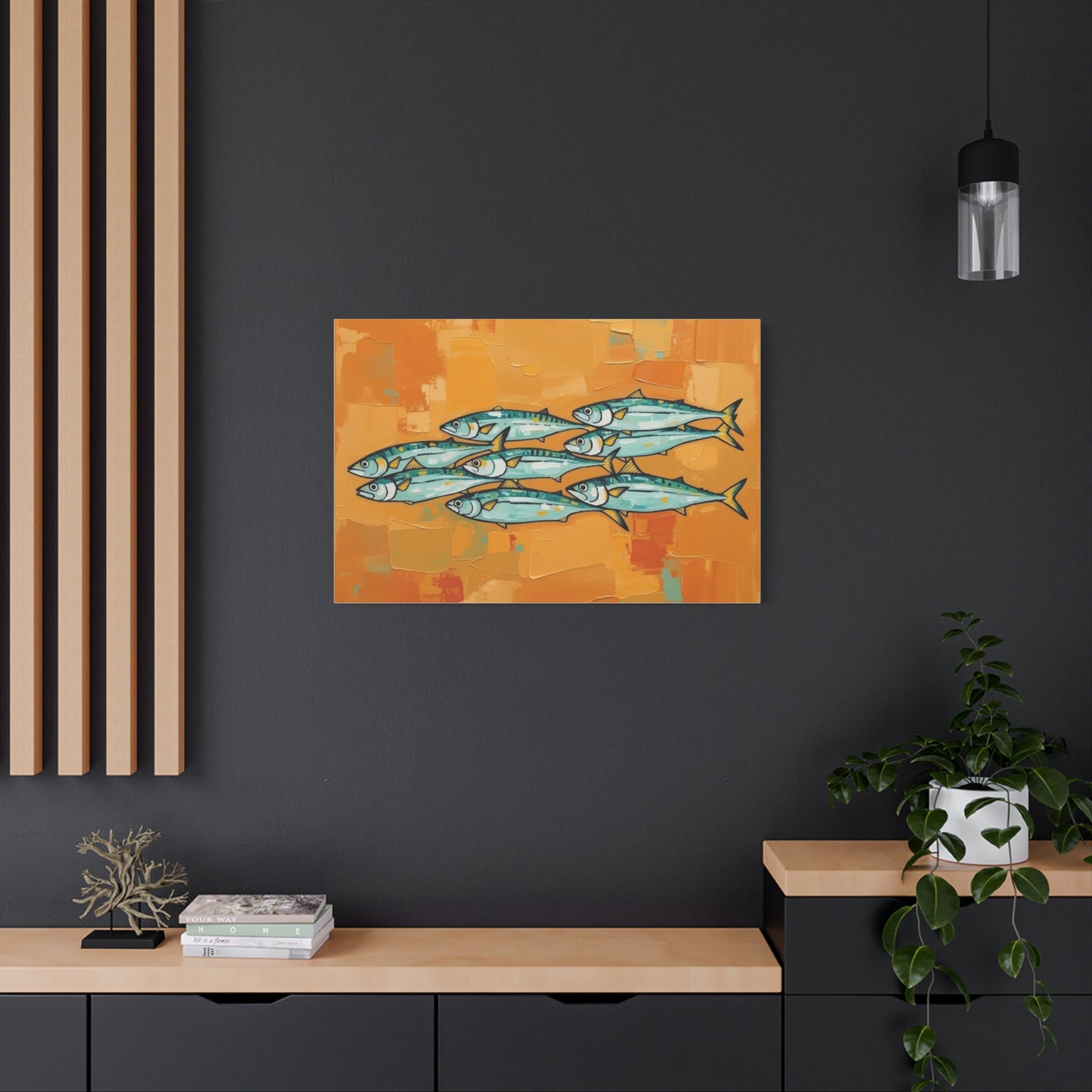School of Mackerel Canvas Wall Art — Nautical Fish Painting on Orange Background