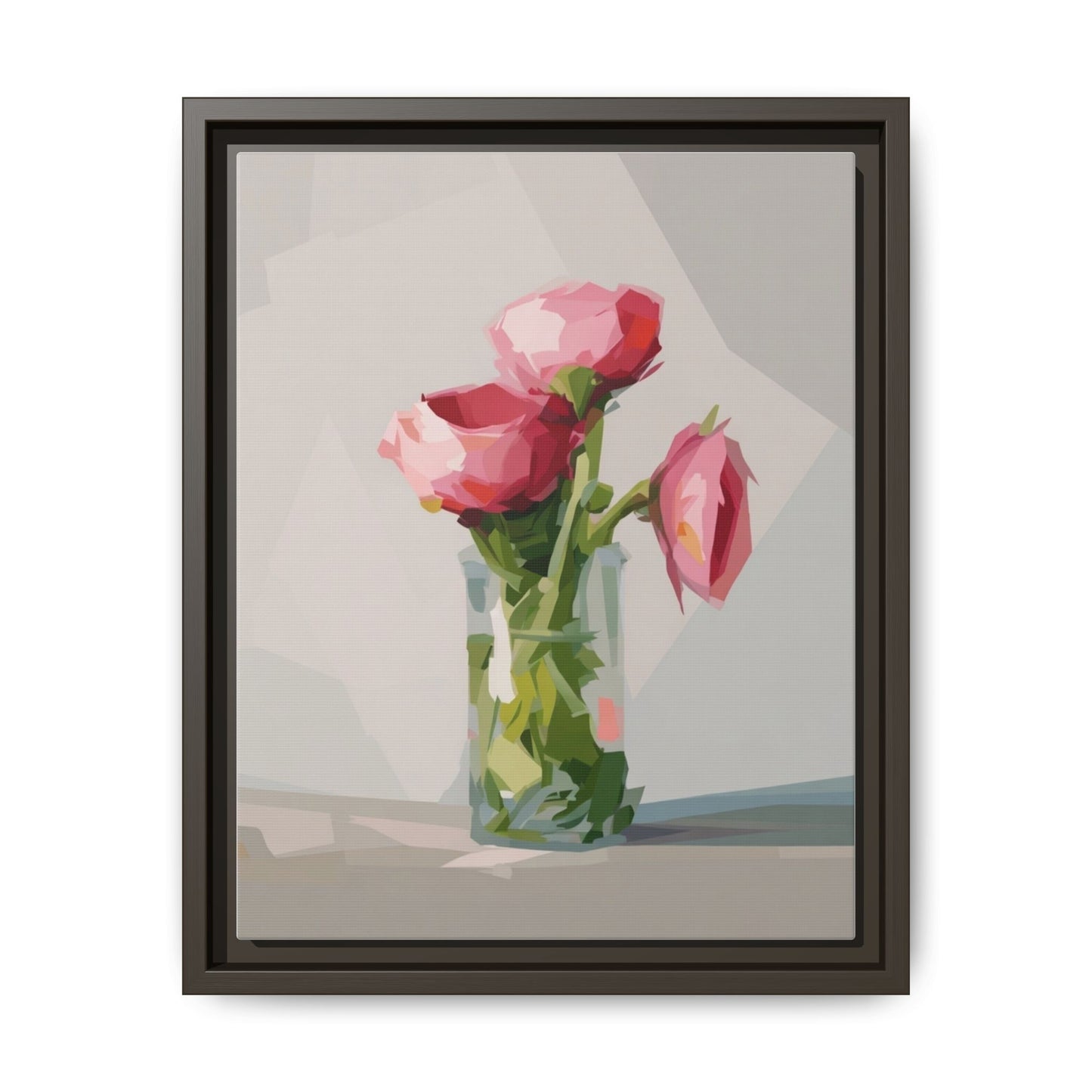 Framed Canvas Art — Pink Roses in Vase, Modern Floral Wall Print