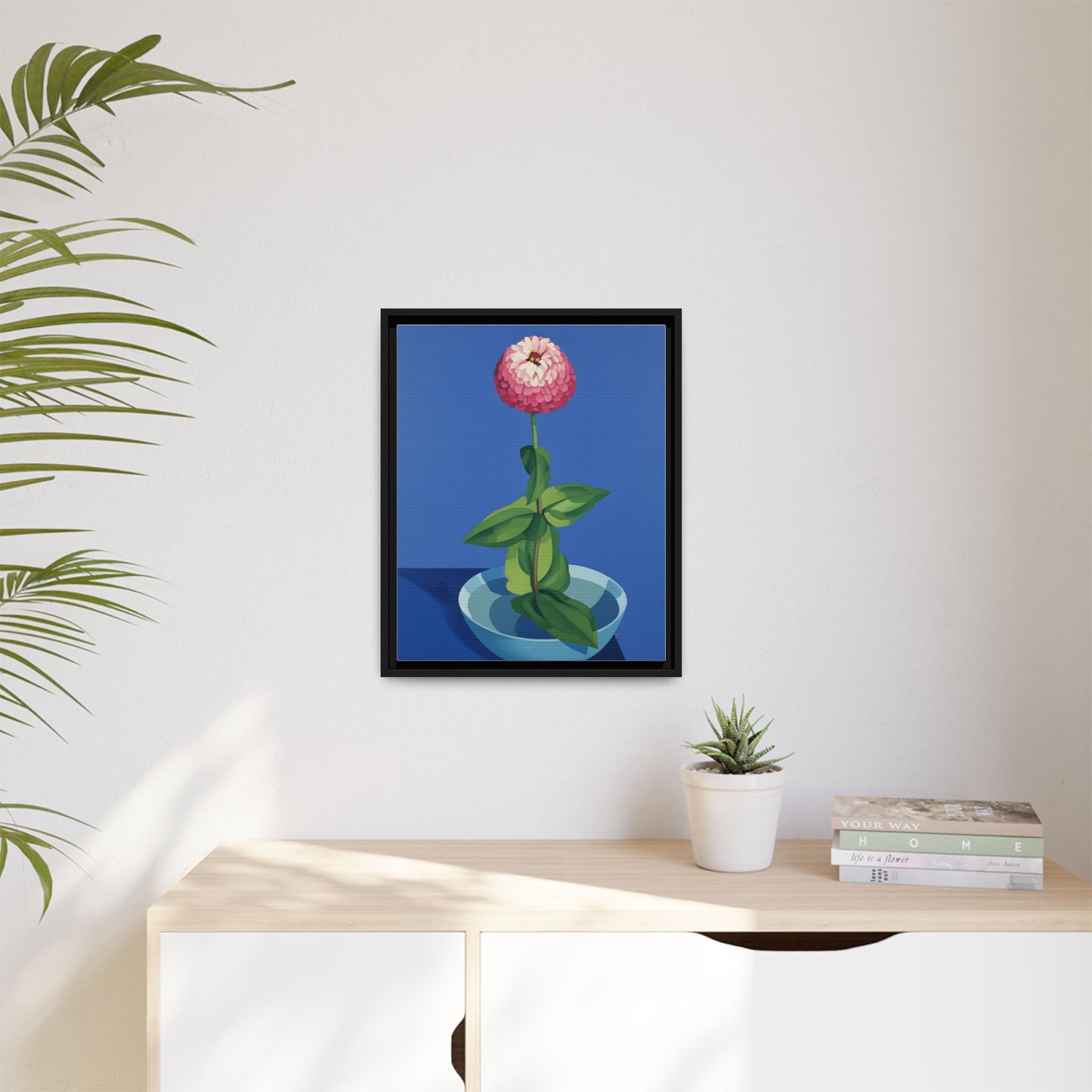 Framed Matte Canvas Art — Pink Zinnia in Blue Bowl (Botanical Still Life)