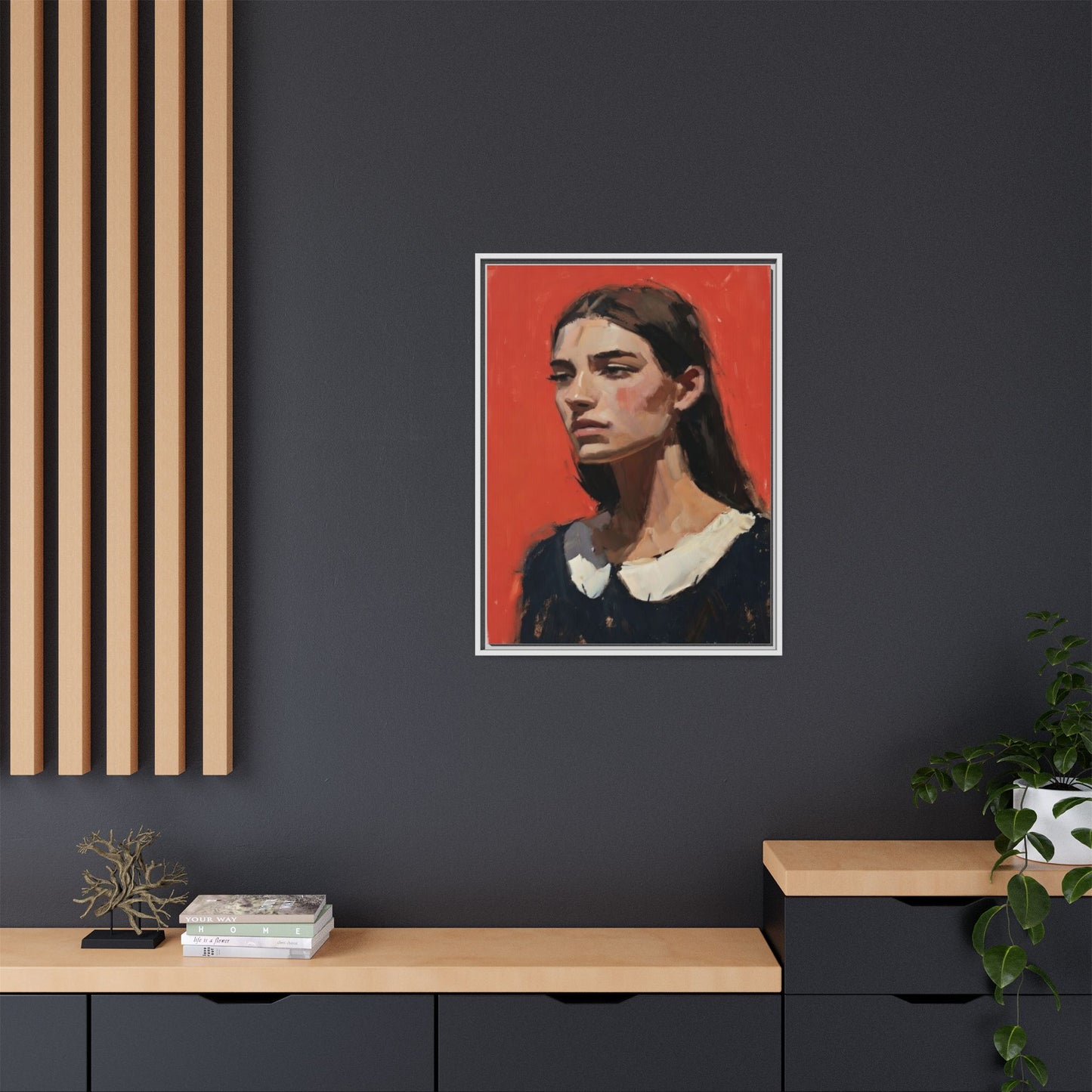 Framed Matte Canvas Portrait Print — Moody Red Figurative Art