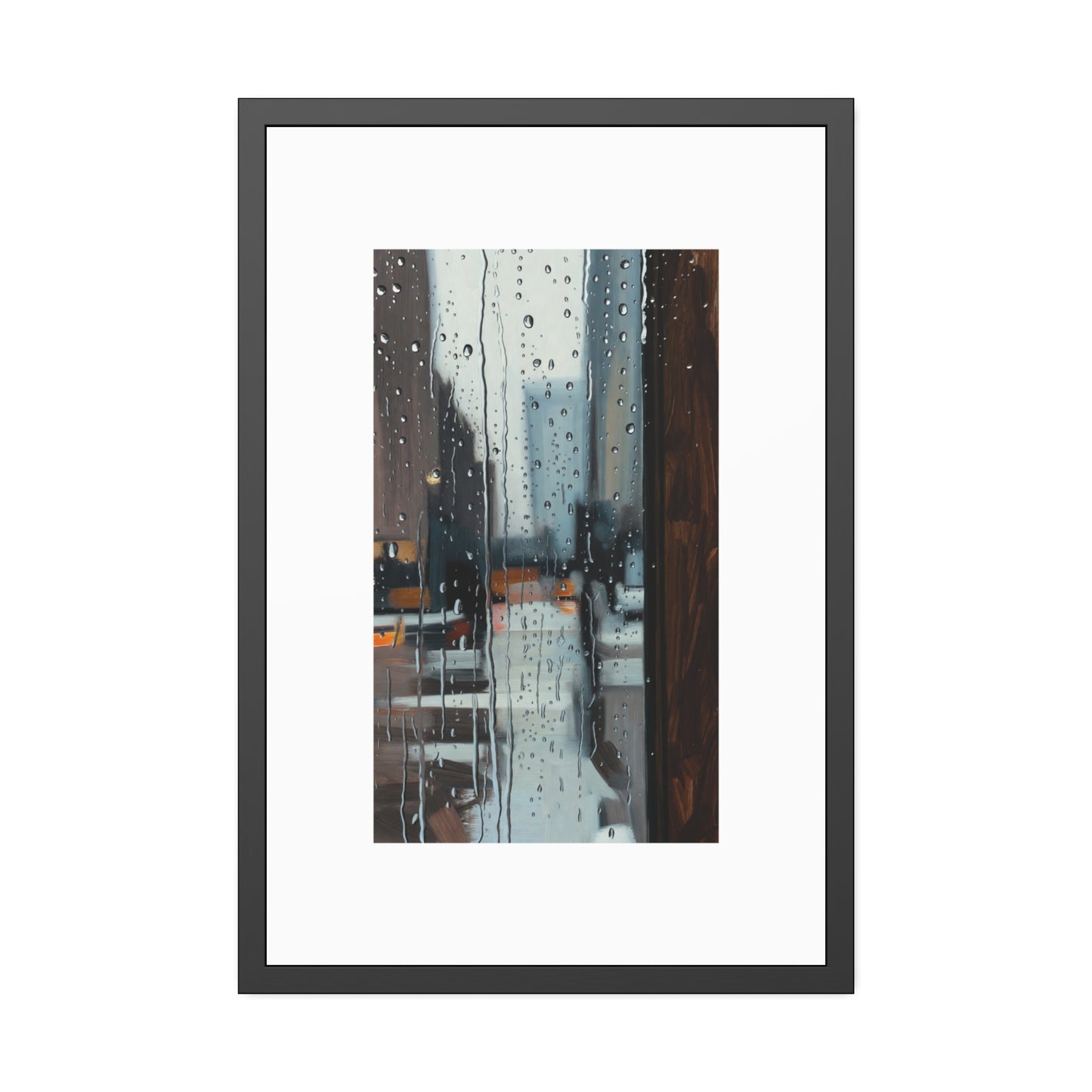 Framed Cityscape Poster — Rainy Window Urban Art Print