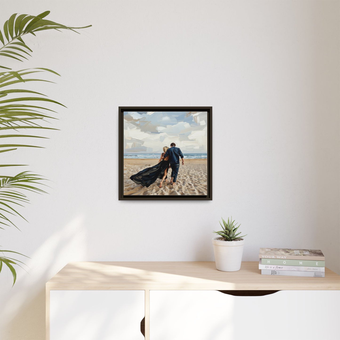 Framed Canvas Wall Art — Romantic Couple Walking on Beach Print
