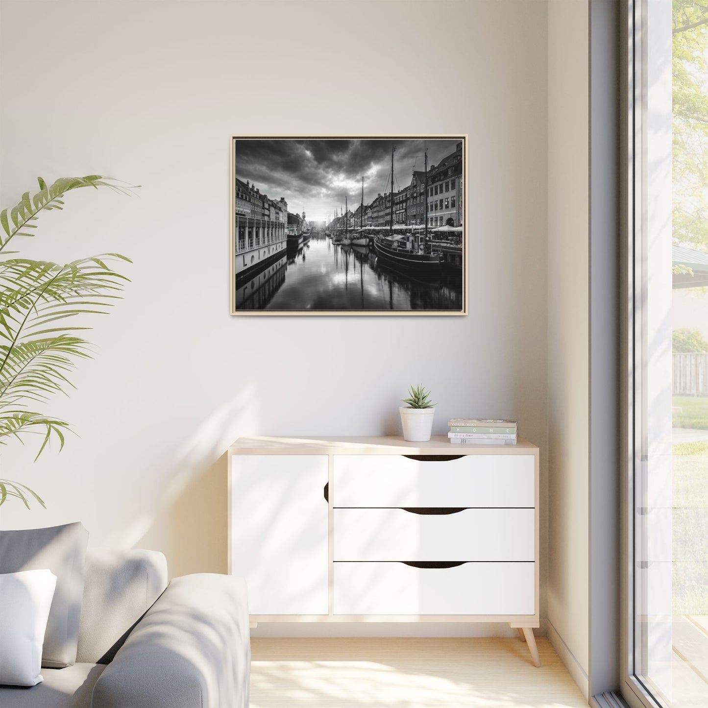 Framed Matte Canvas: Black & White Dutch Canal Photography Wall Art