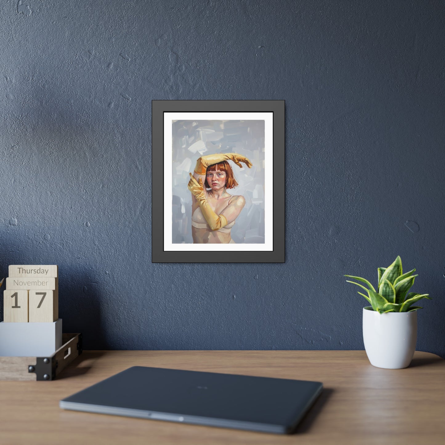 Framed Art Print — Portrait of Woman in Yellow Gloves (Modern Figurative Wall Art)