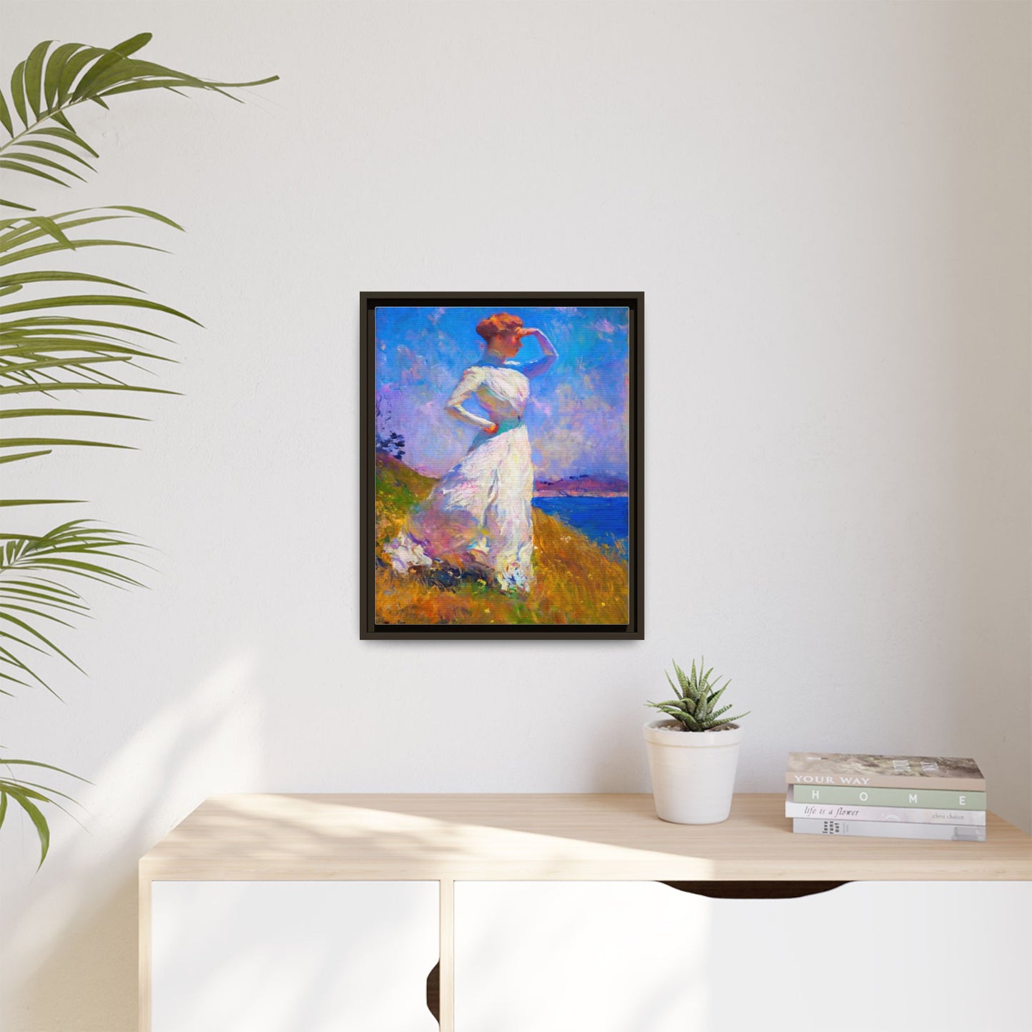 Framed Matte Canvas Art - Woman in White Seaside Impressionist Print