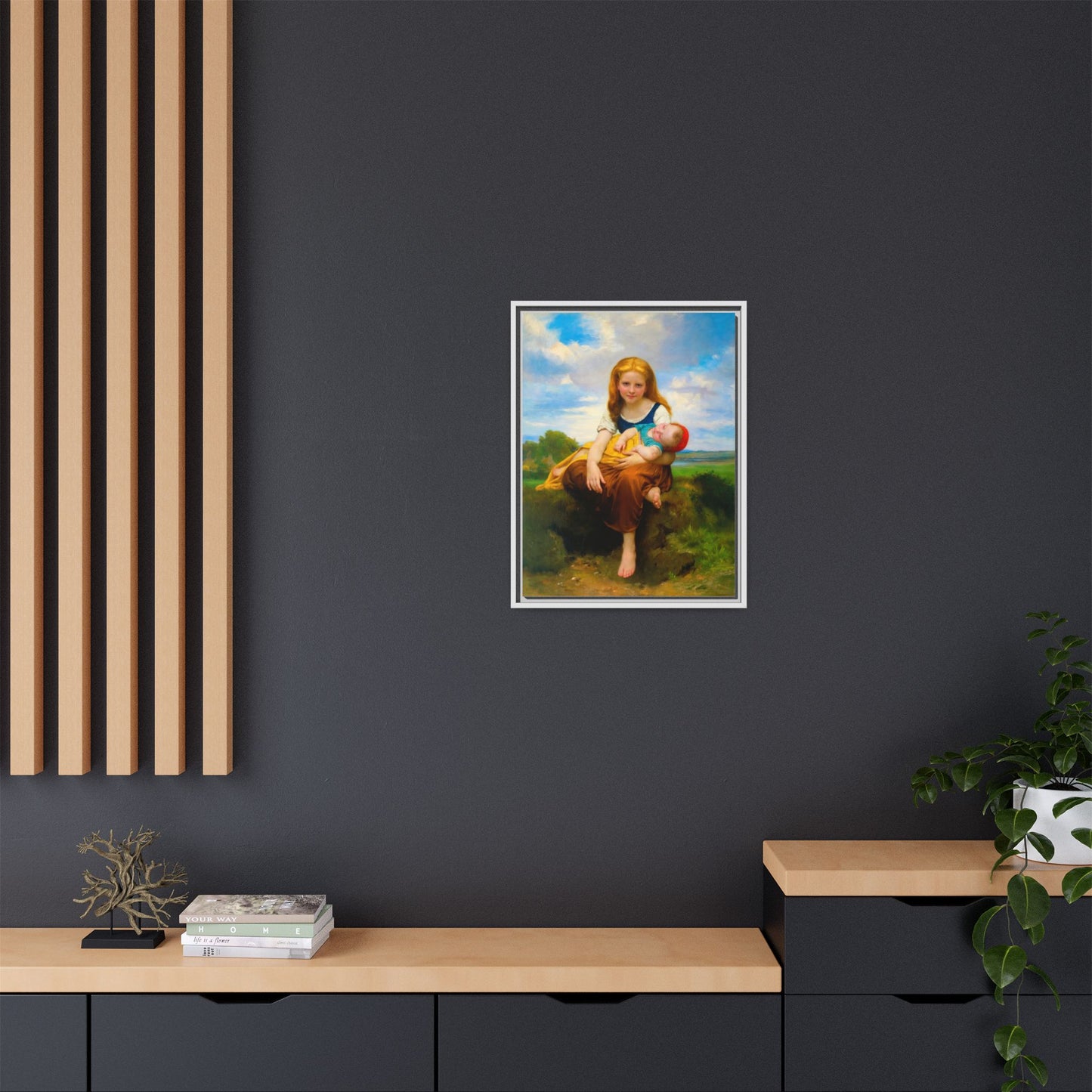 Young Girl Holding Sleeping Baby Canvas Print, Framed Wall Art