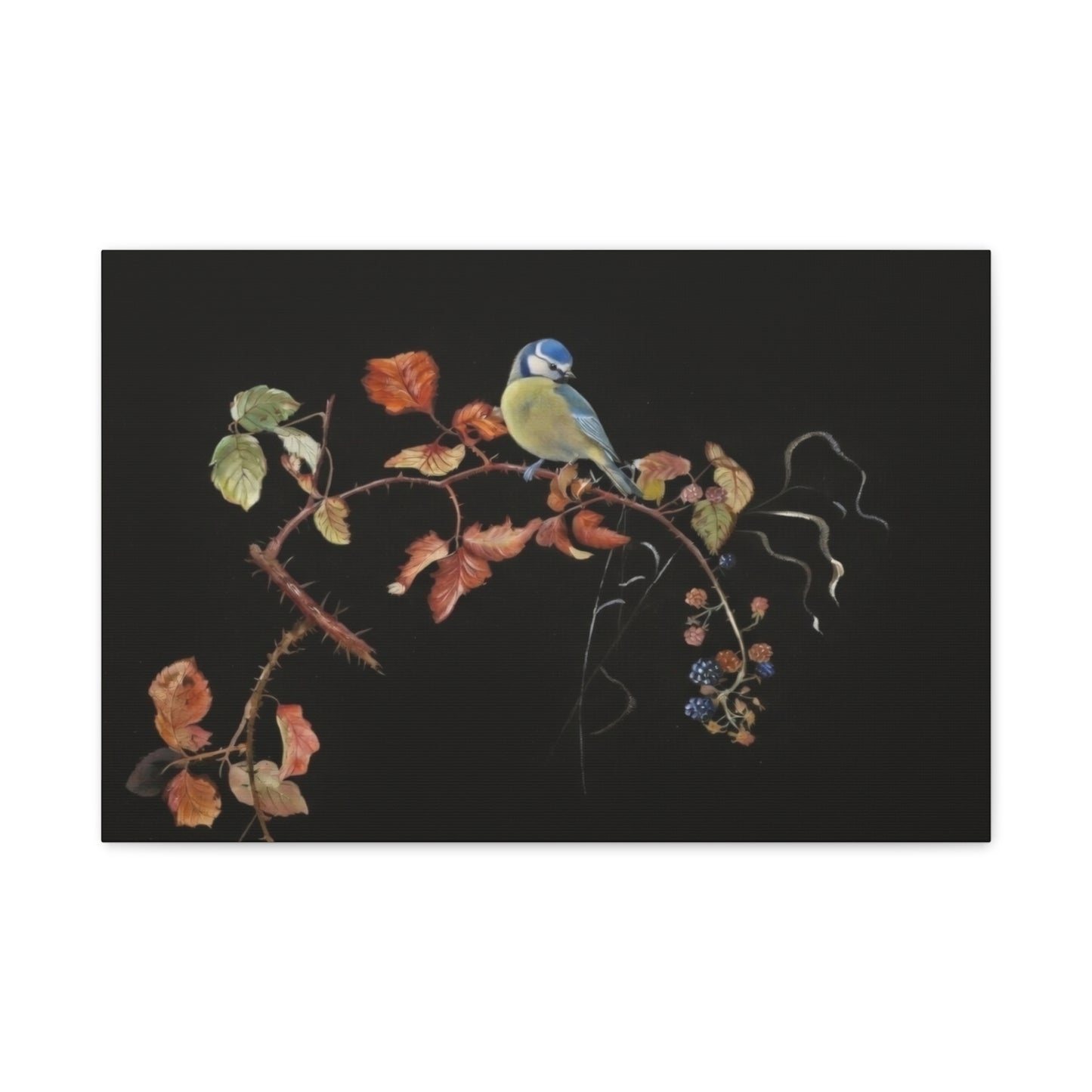 Canvas Wall Art - Blue Tit on Autumn Branch, Stretched Matte Canvas