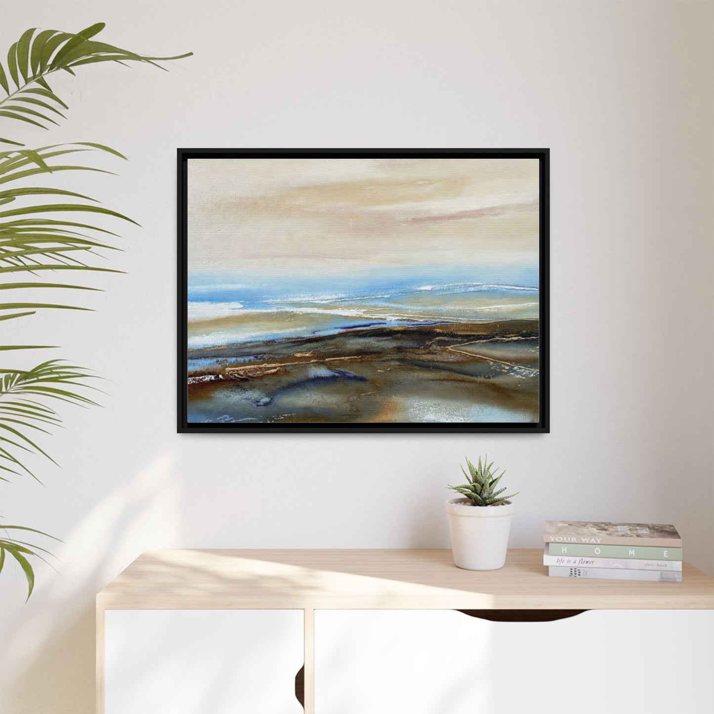 Framed Abstract Seascape Matte Canvas — Coastal Blue & Earth Tone Wall Art