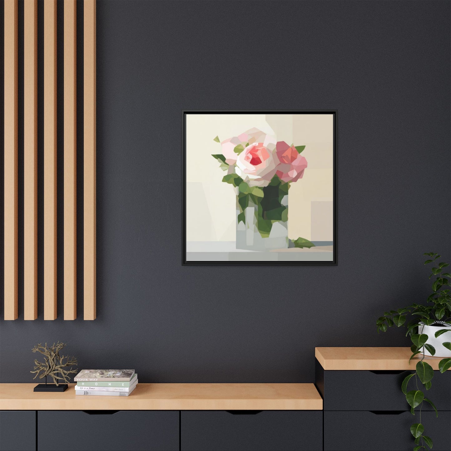 Framed Floral Canvas Print — Geometric Pink Rose Wall Art