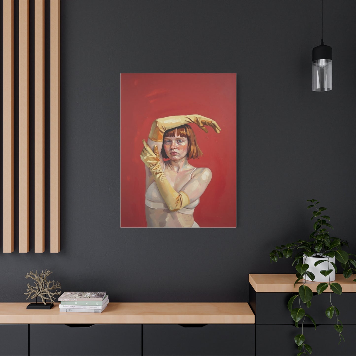 Figurative Portrait Canvas — Woman with Yellow Gloves on Red Background