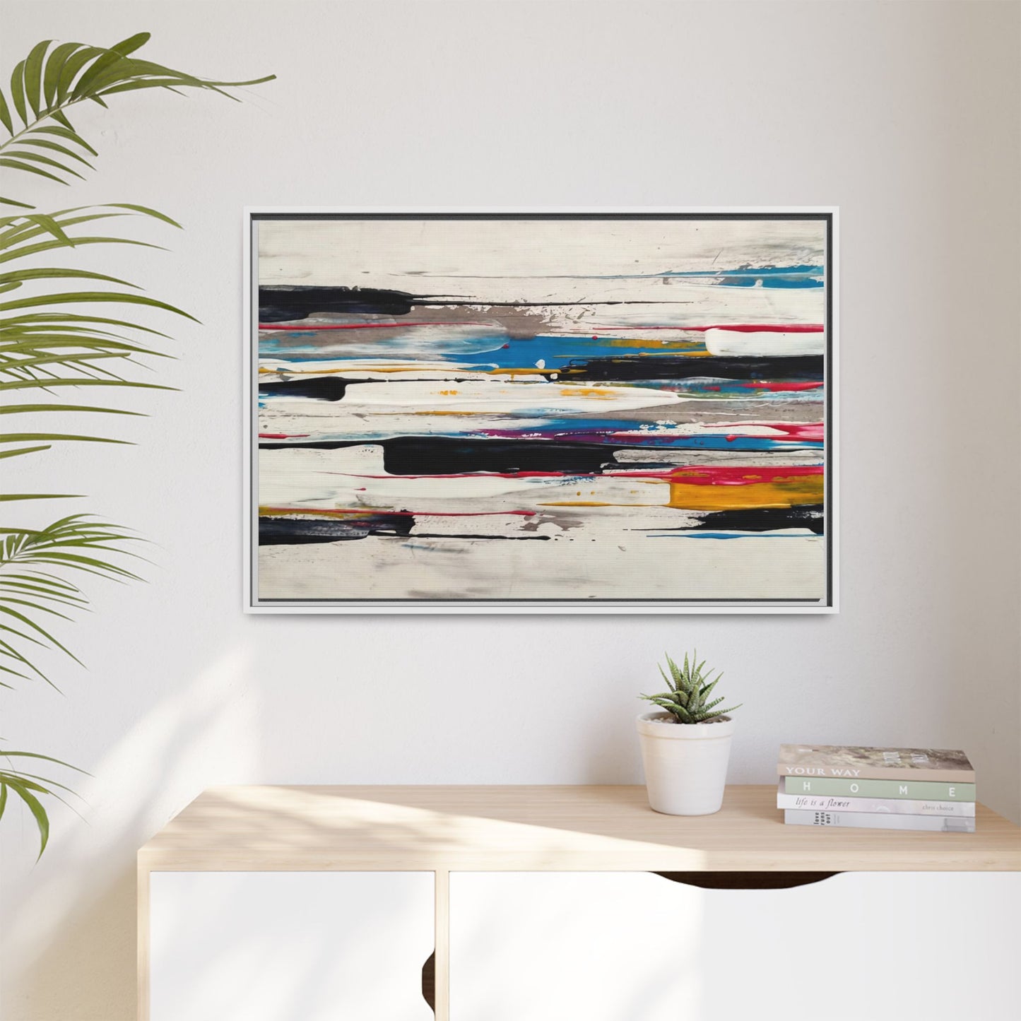Abstract Multi-Color Framed Canvas Wall Art — Modern Horizontal Brushstroke Print
