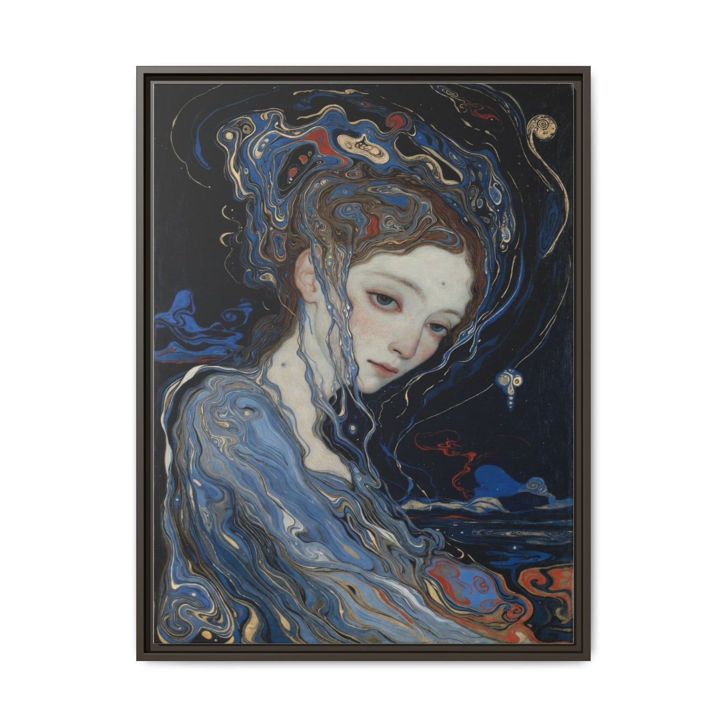 Framed Matte Canvas Art Print — Surreal Blue Maiden Portrait