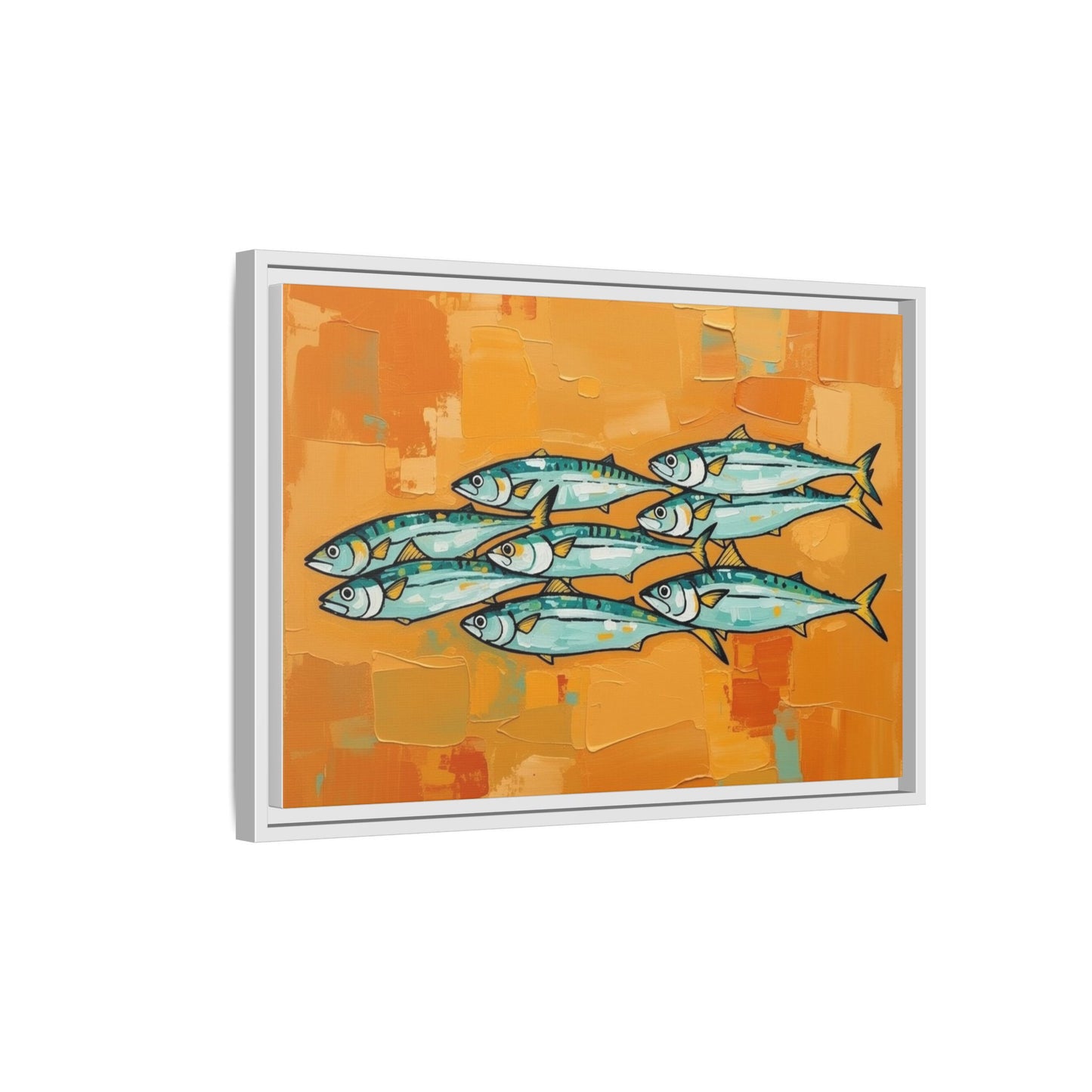 Framed Matte Canvas Print — School of Blue Fish on Orange Abstract Background