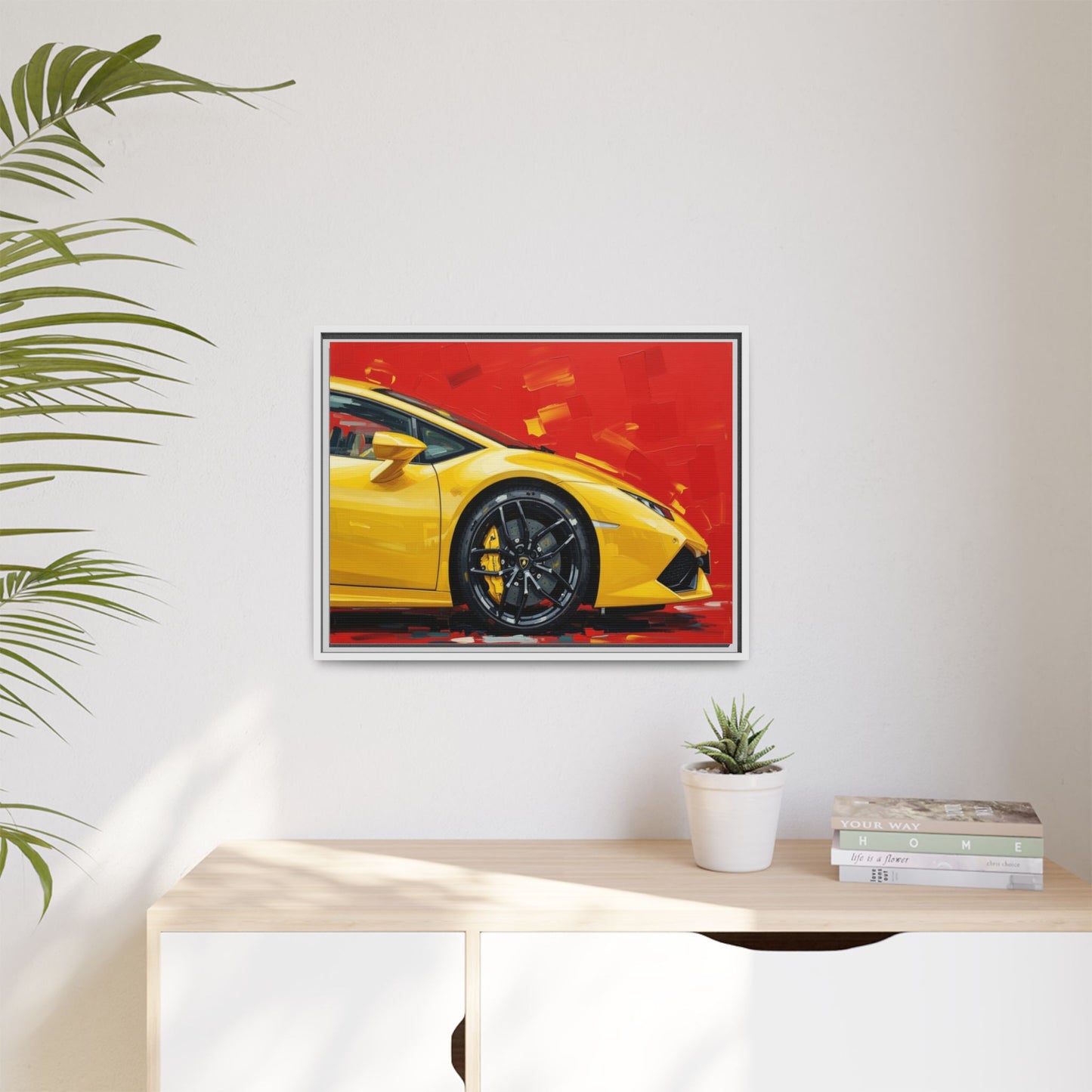 Yellow Sports Car Matte Canvas Print — Framed Automotive Wall Art
