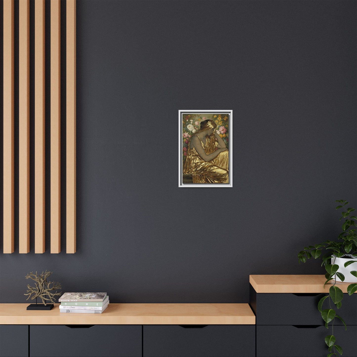 Framed Canvas Art Print — Golden Muse Woman with Floral Background