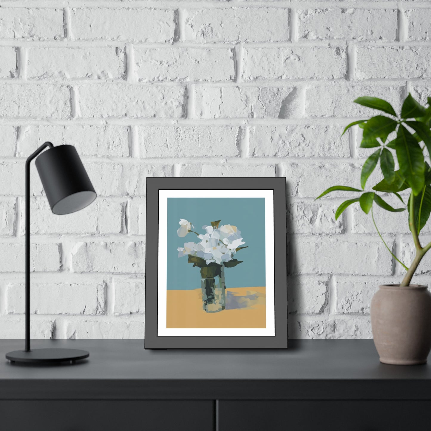 Framed Floral Poster - Modern White Blossoms in Vase Wall Art