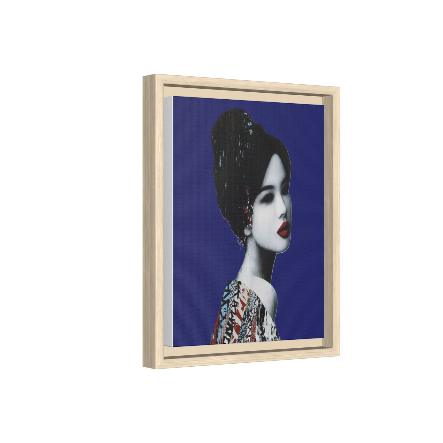 Framed Matte Canvas Art — Elegant Geisha Portrait on Deep Blue