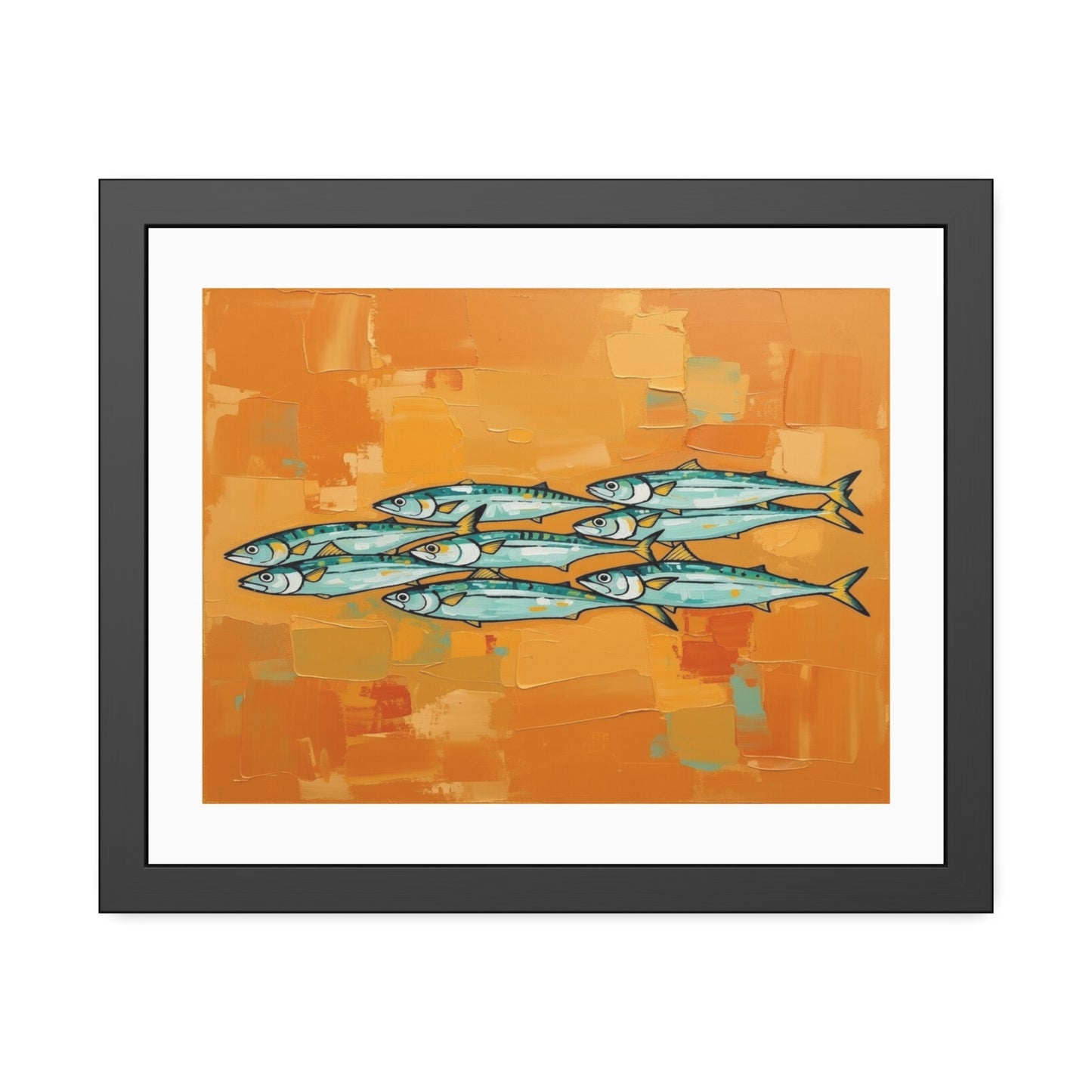 Framed Fish Art Print — School of Mackerel on Orange Abstract Background