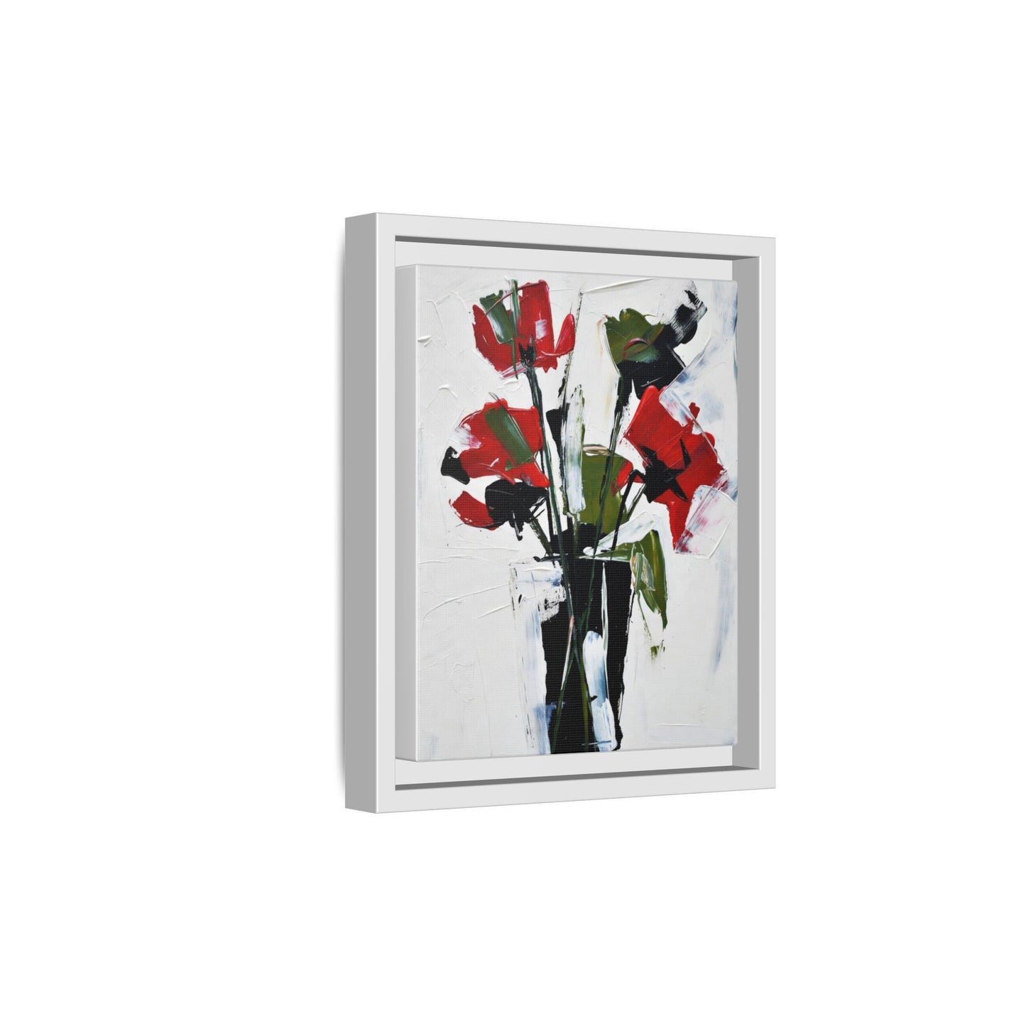 Framed Abstract Floral Canvas Print — Red Poppies in Black Vase