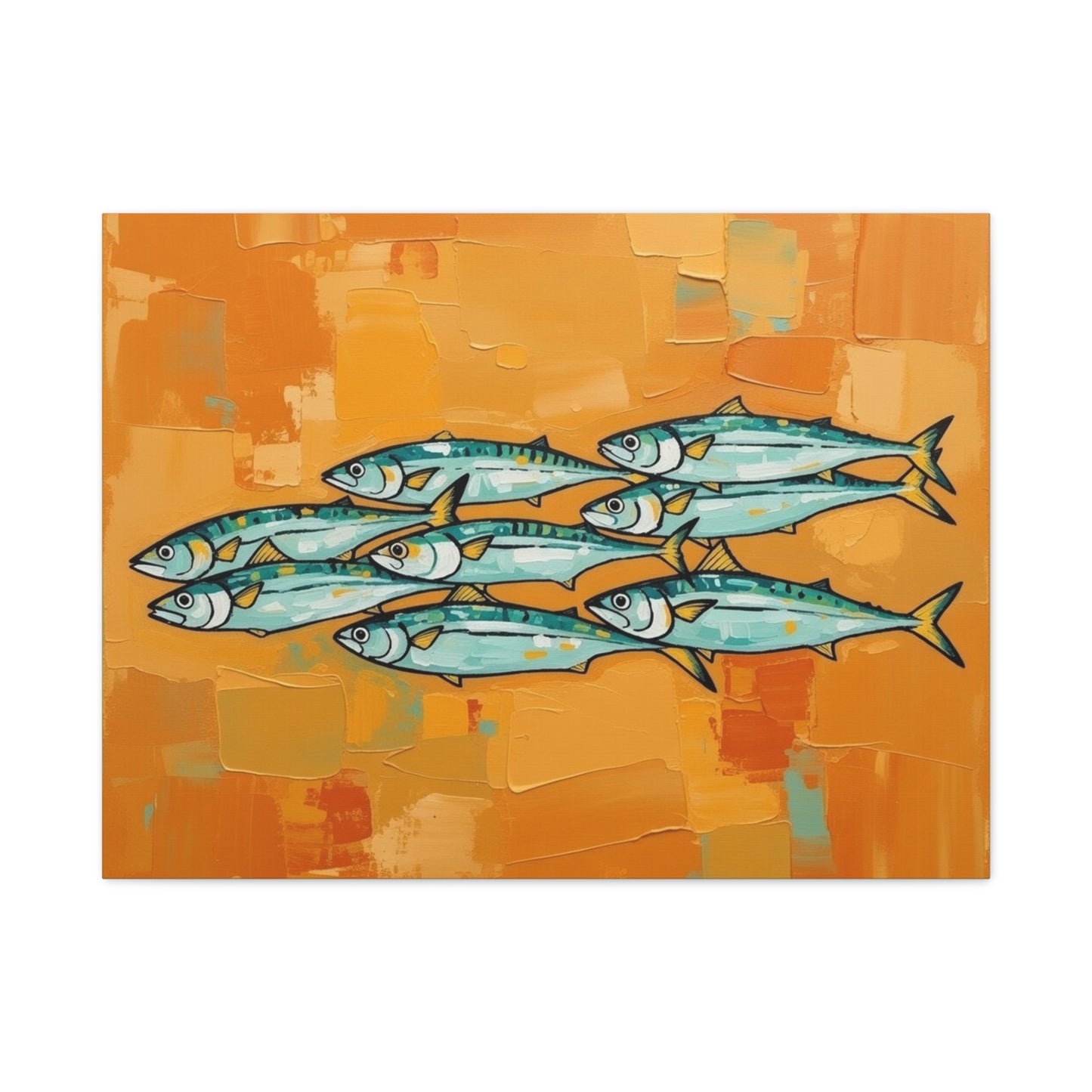 School of Mackerel Canvas Wall Art — Nautical Fish Painting on Orange Background