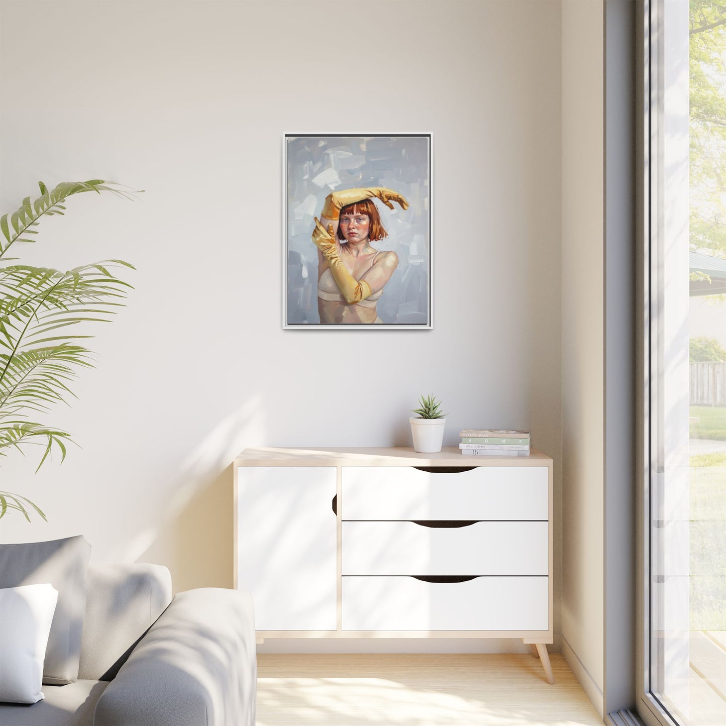Contemporary Portrait Canvas Print — Woman with Yellow Gloves (Framed Matte)