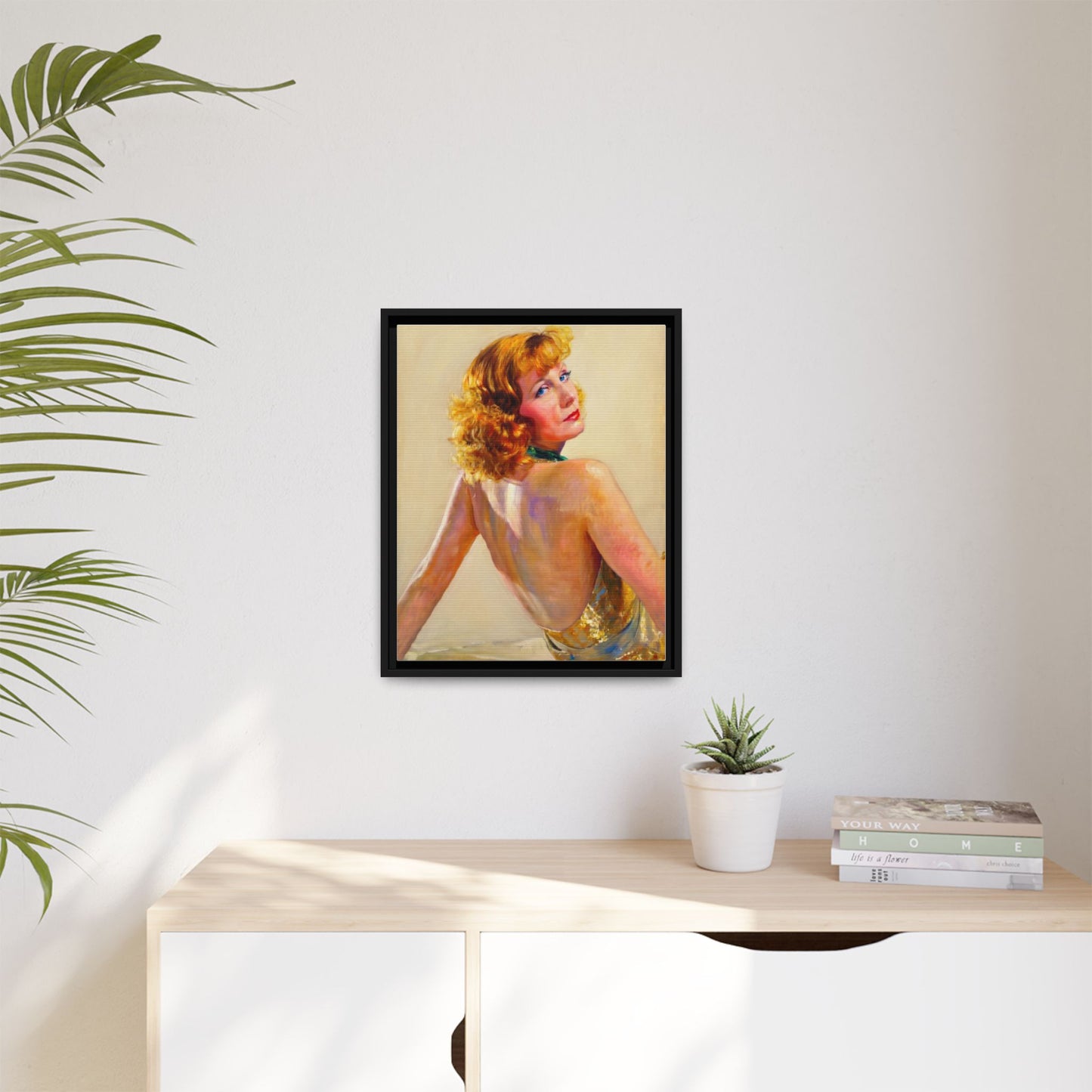 Framed Matte Canvas Print — Vintage Portrait of Redhead Greta Garbo in Gold Dress