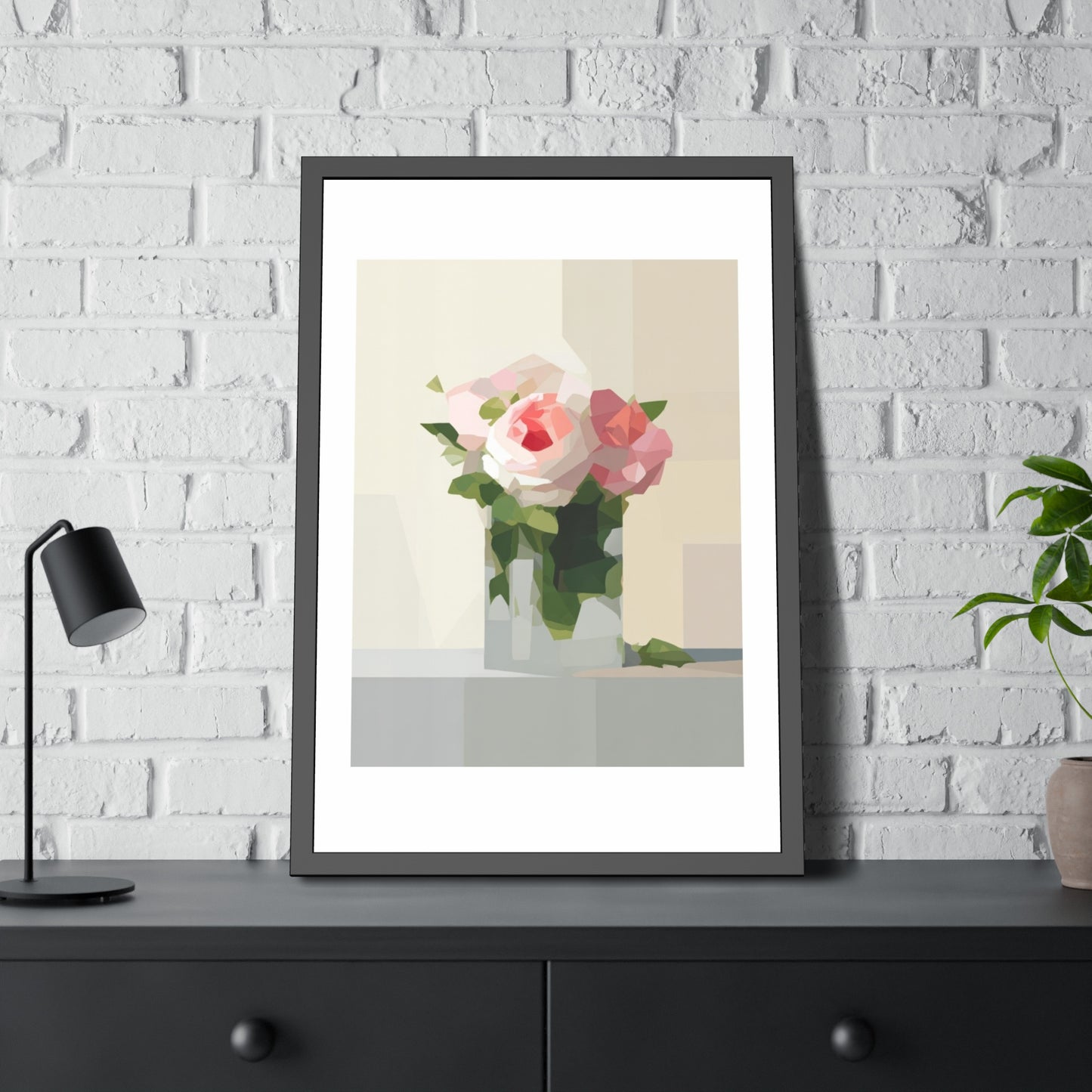 Framed Floral Poster — Geometric Pink Rose Wall Art