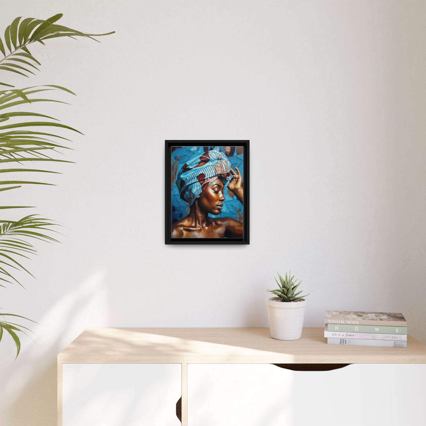 Framed Canvas Art — Portrait of Woman in Blue Headwrap