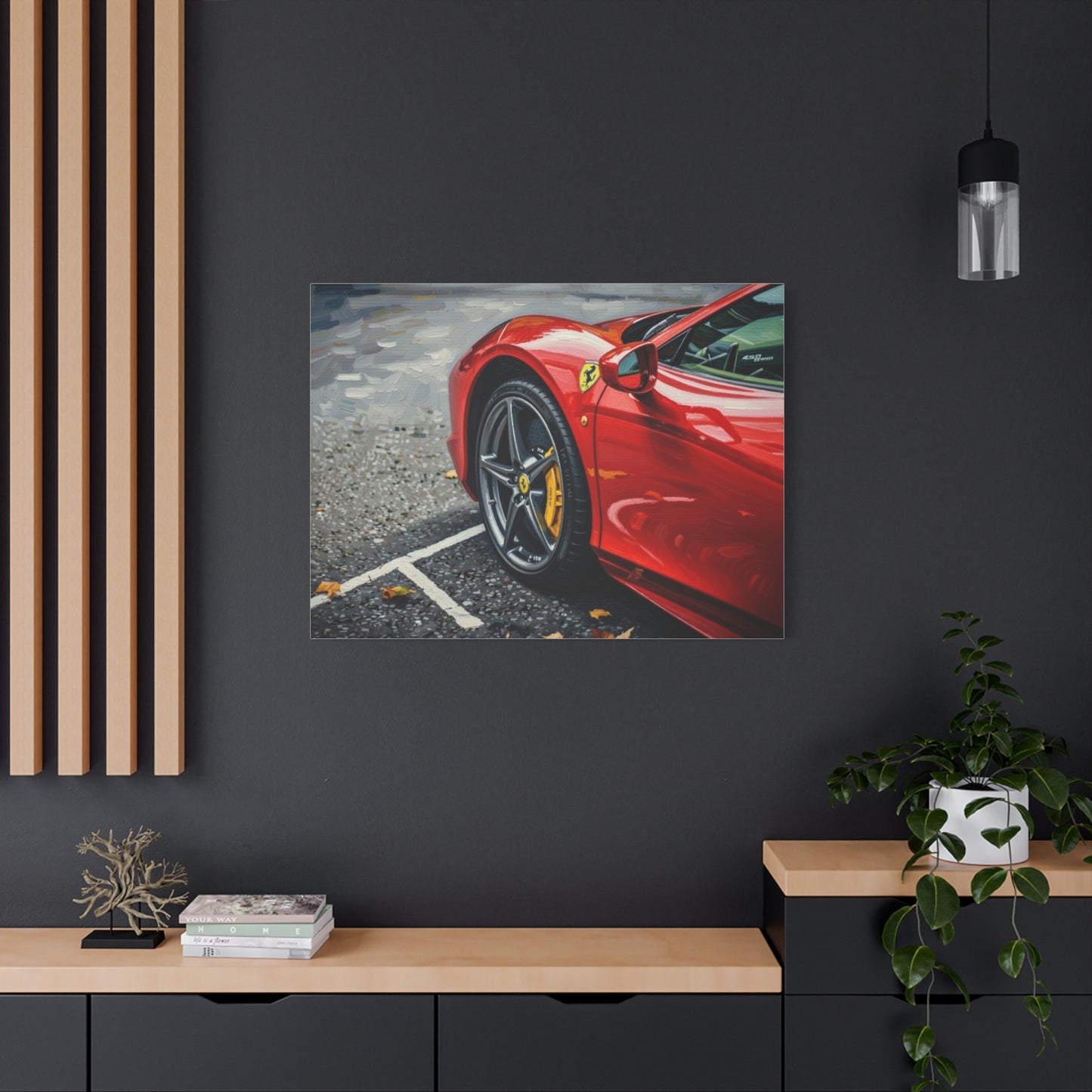 Red Sports Car Canvas Print — Ferrari Wheel Close-Up Matte Stretched Wall Art