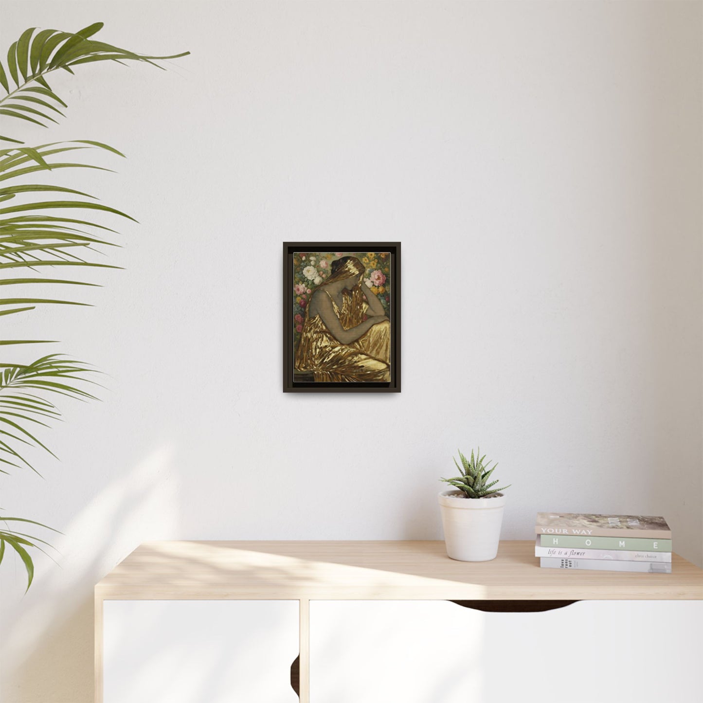 Framed Canvas Art Print — Golden Muse Woman with Floral Background
