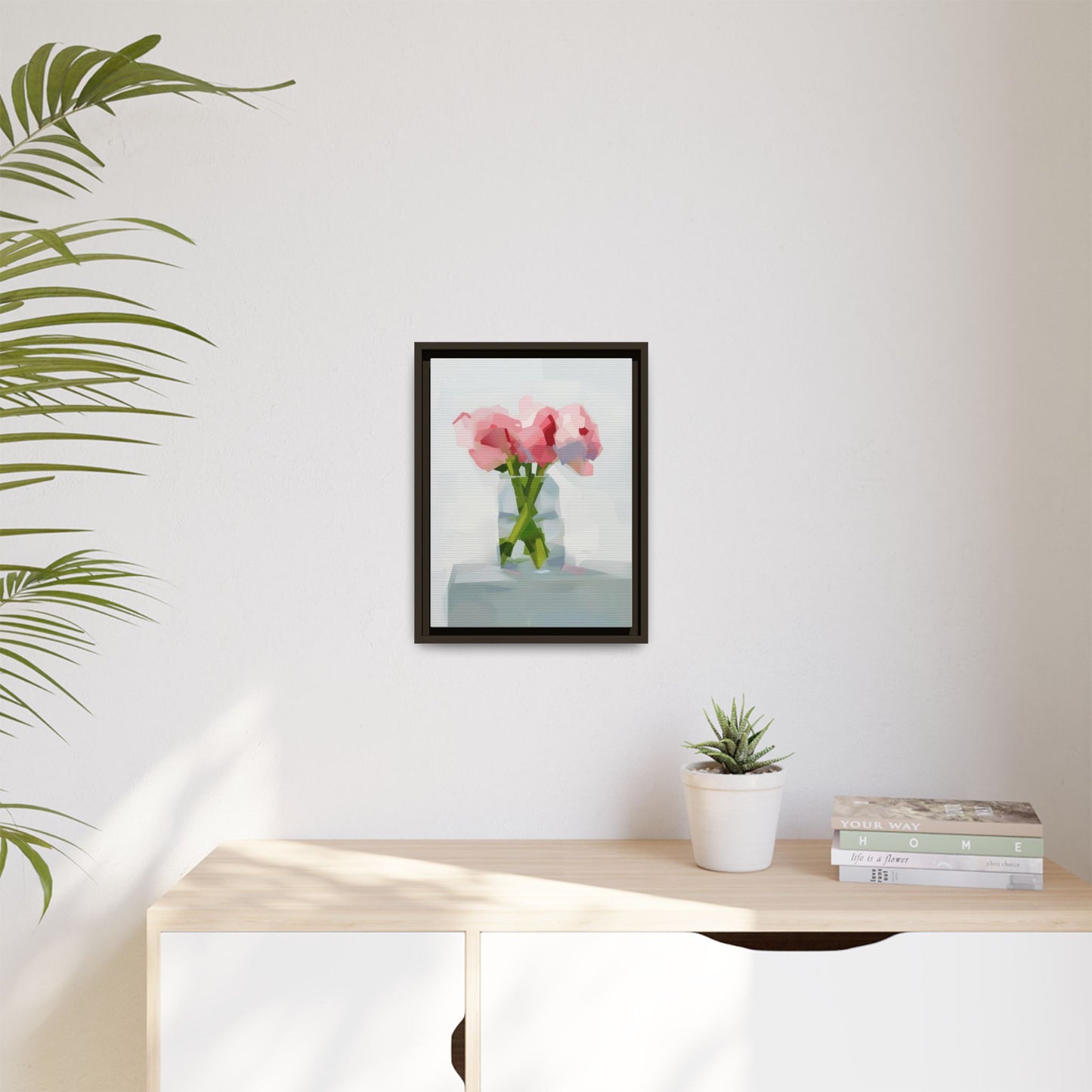 Framed Floral Canvas Art — Pink Peonies in Vase (Matte)
