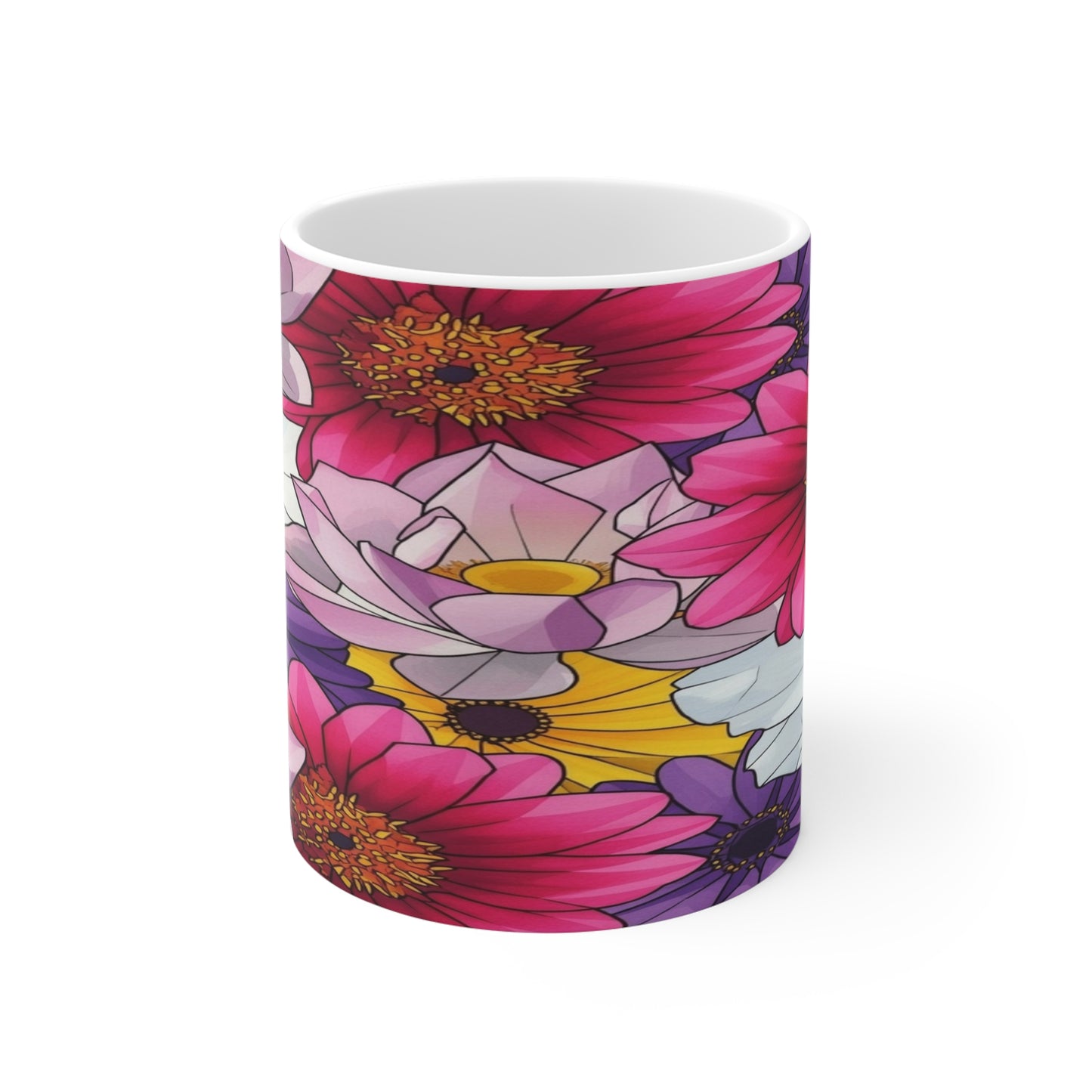 Floral Daisy Bouquet Mug — Colorful Pink & Purple Garden Coffee Cup
