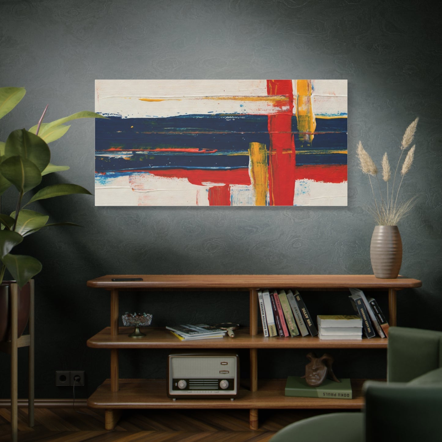Abstract Modern Canvas Art Print — Red, Navy & Gold Stretched Matte Canvas