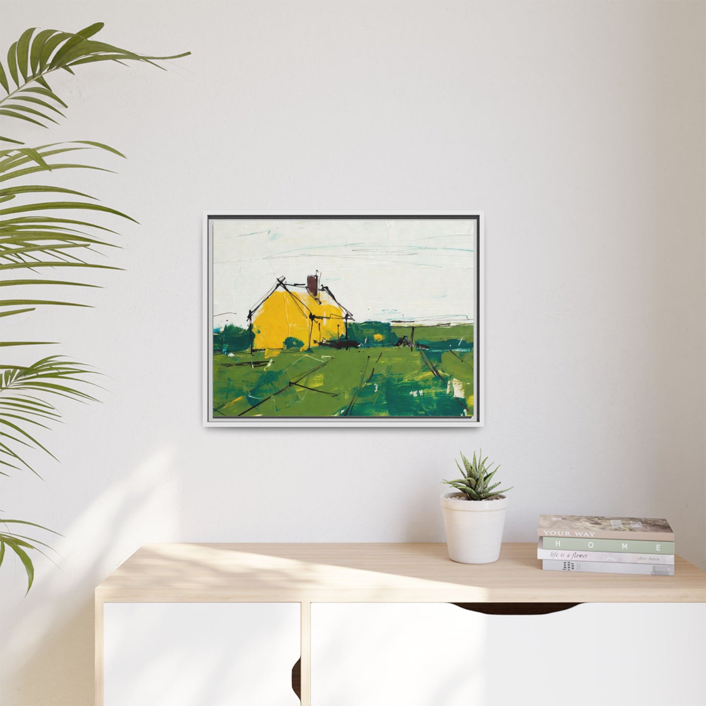 Yellow Cottage Landscape Framed Canvas Print