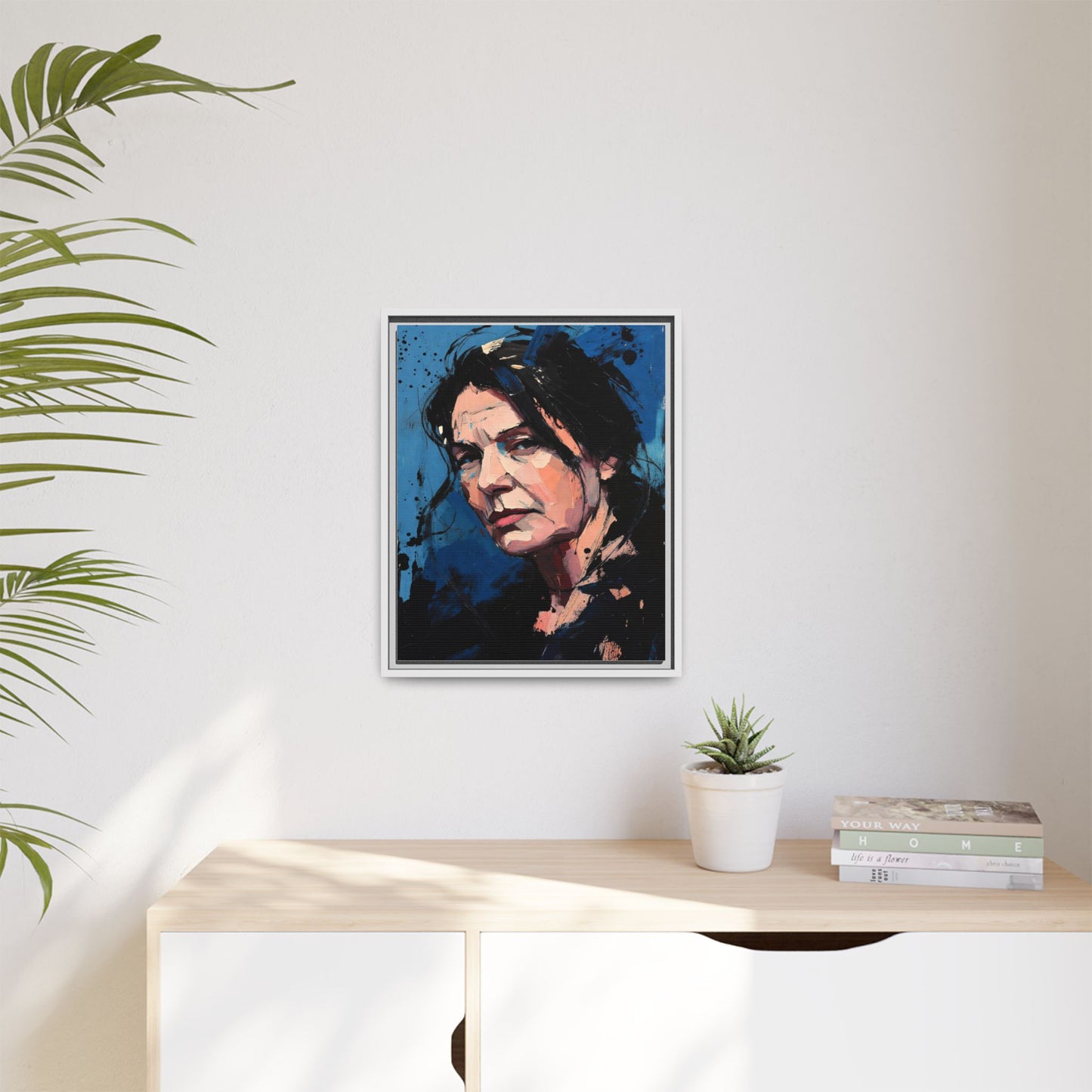 Framed Matte Canvas Portrait — Expressive Blue Painterly Woman Art