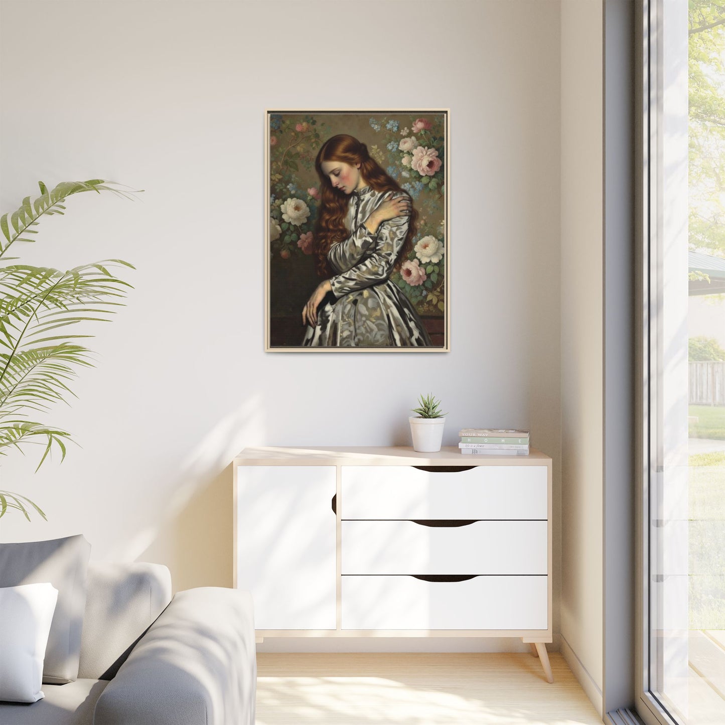 Framed Matte Canvas Art — Vintage Floral Portrait of a Young Woman