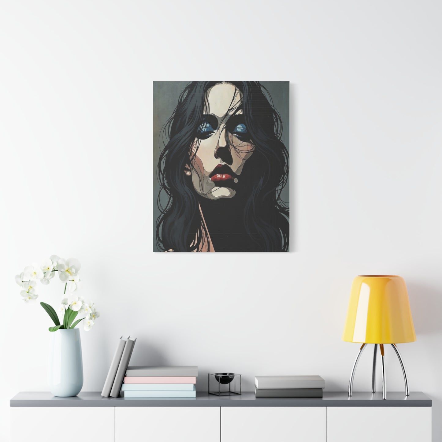 Dark Glam Portrait Canvas Art — Moody Woman Face Matte Stretched Wall Decor
