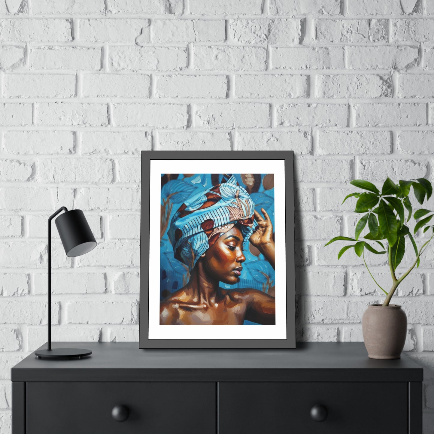 Framed Art Print — Portrait of Woman with Blue Headwrap (Gallery Wall Decor)