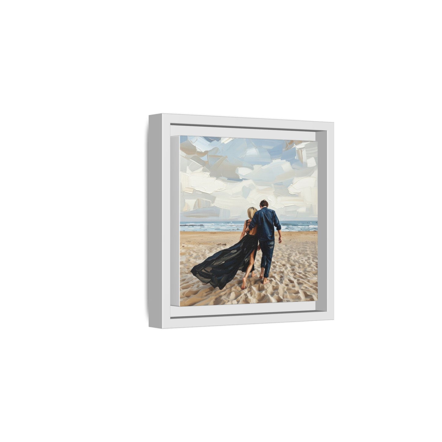 Framed Canvas Wall Art — Romantic Couple Walking on Beach Print
